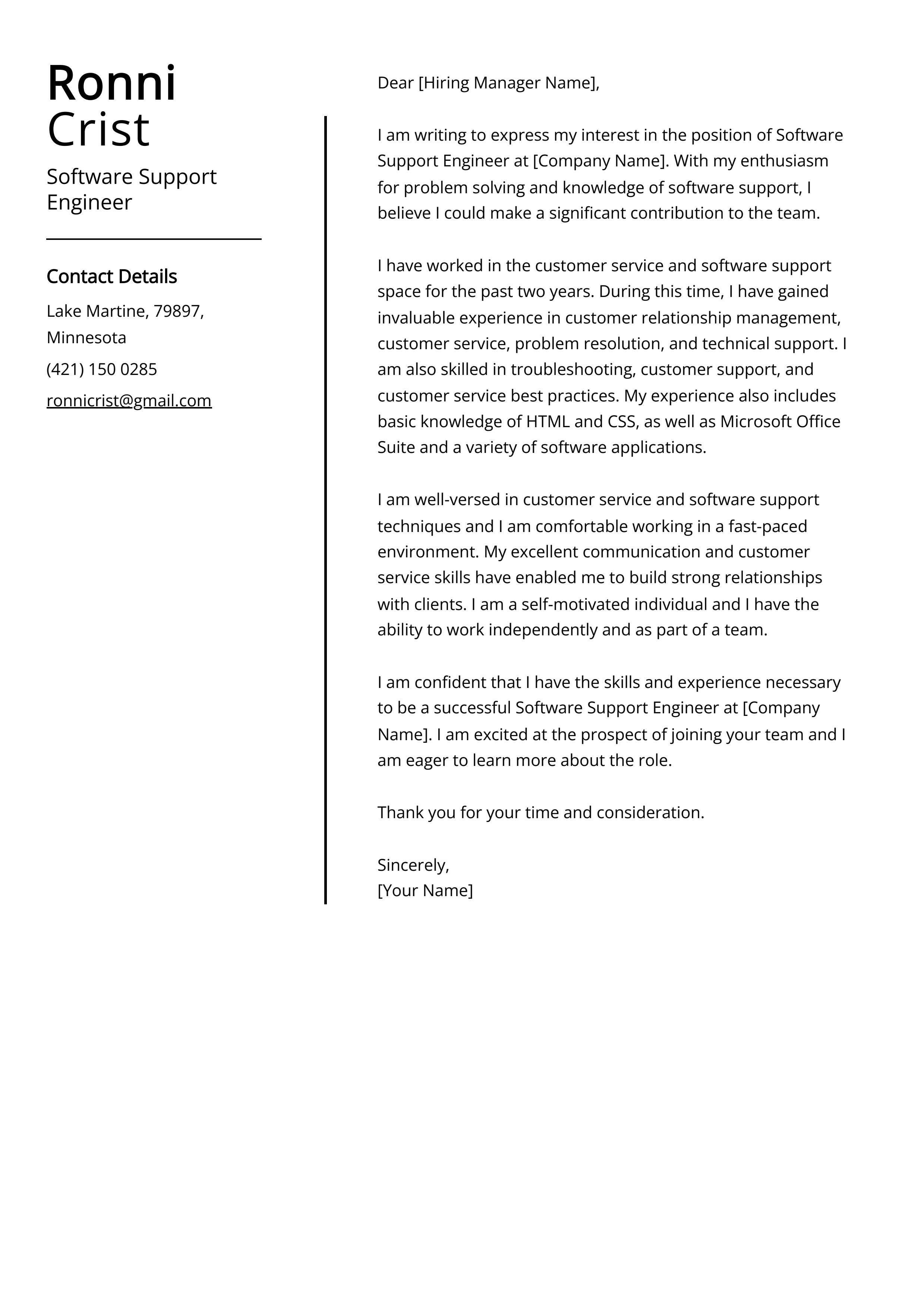Software Support Engineer Cover Letter Example