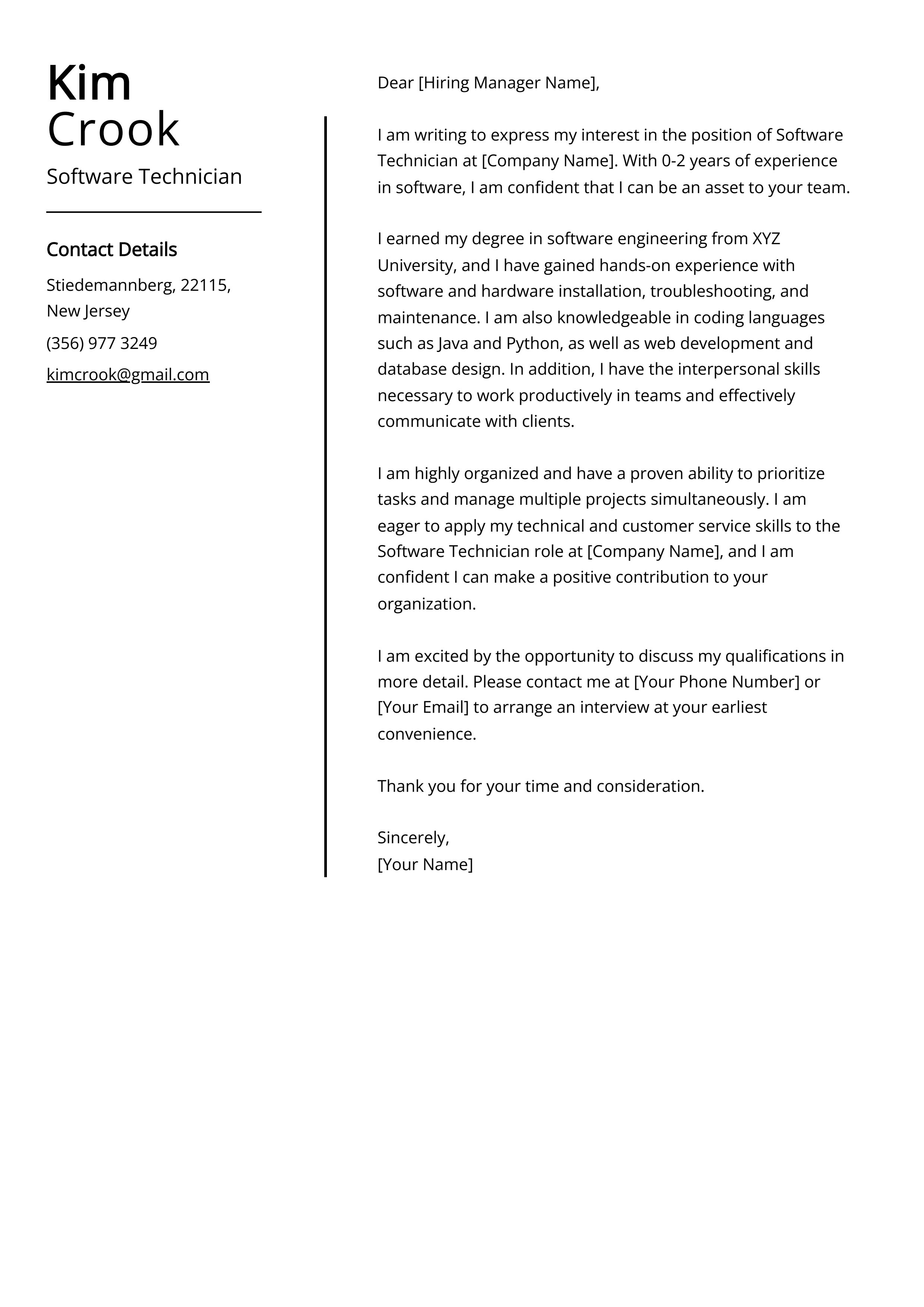Software Technician Cover Letter Example