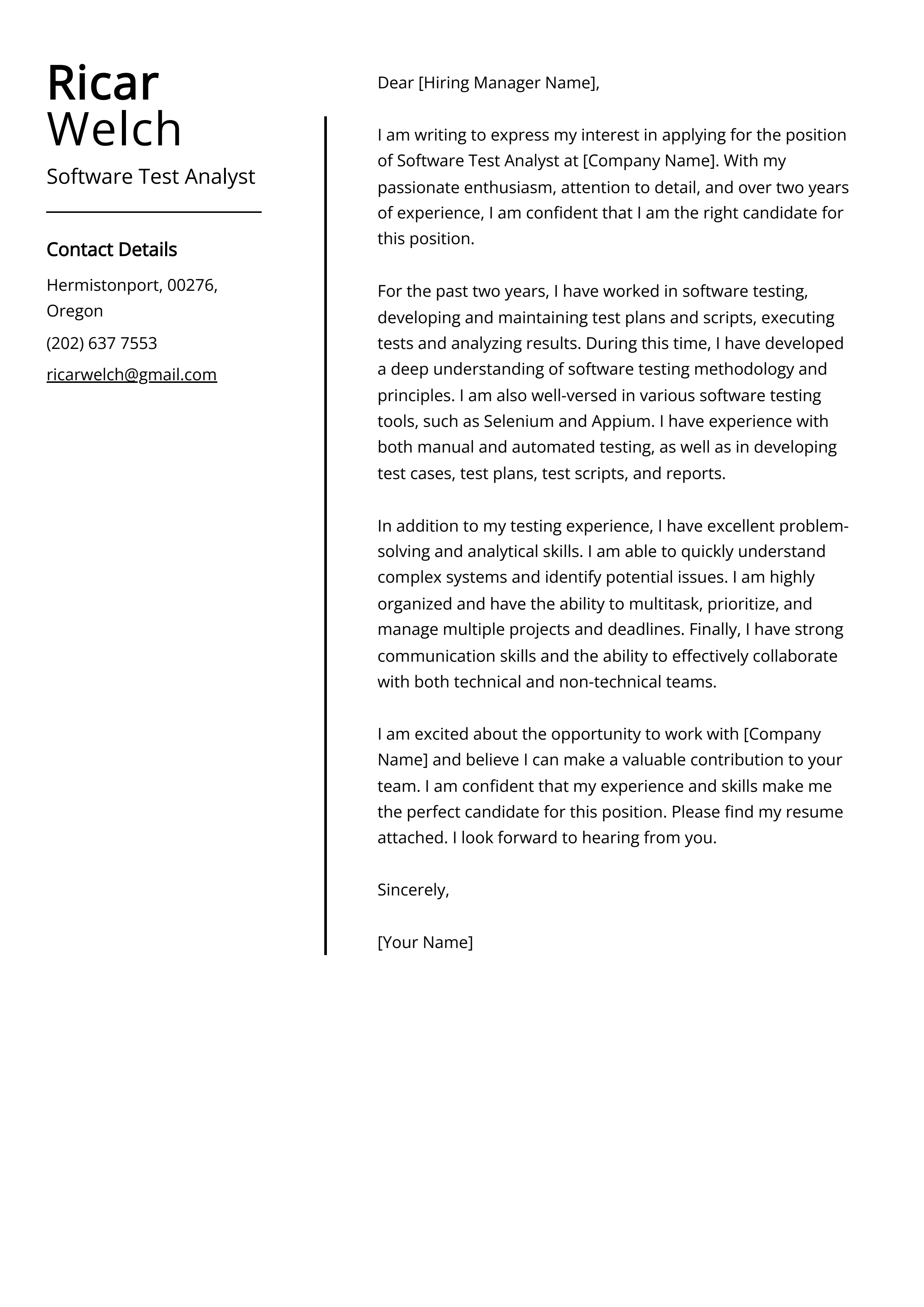 Software Test Analyst Cover Letter Example