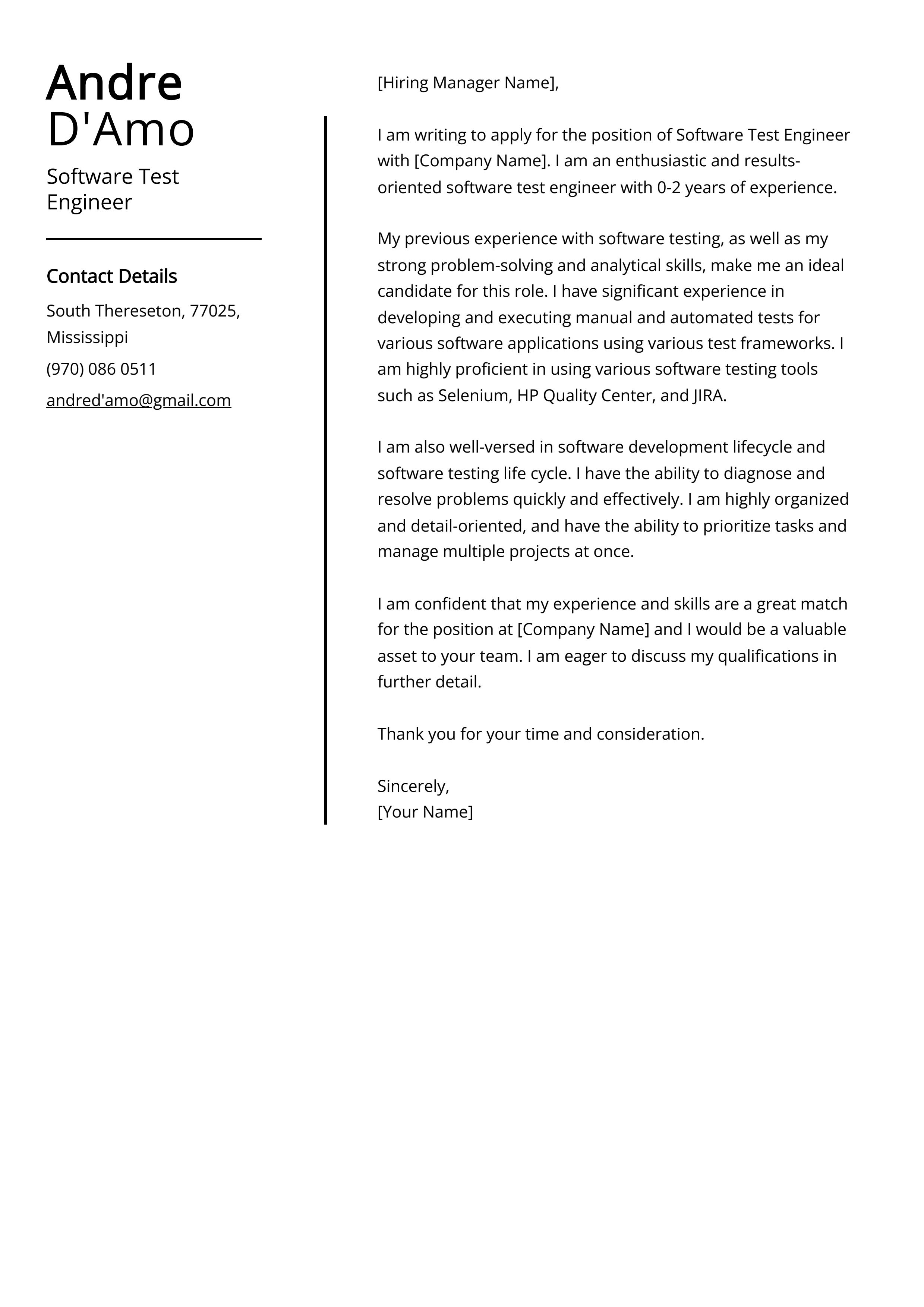 Software Test Engineer Cover Letter Example