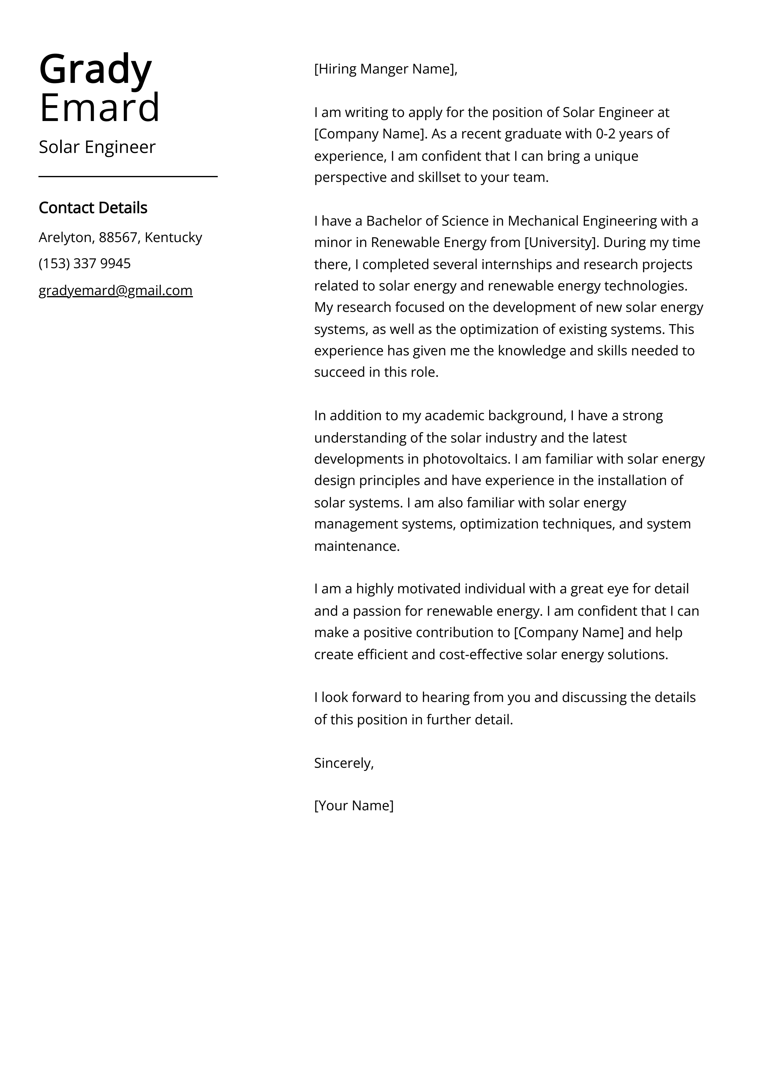 Solar Engineer Cover Letter Example