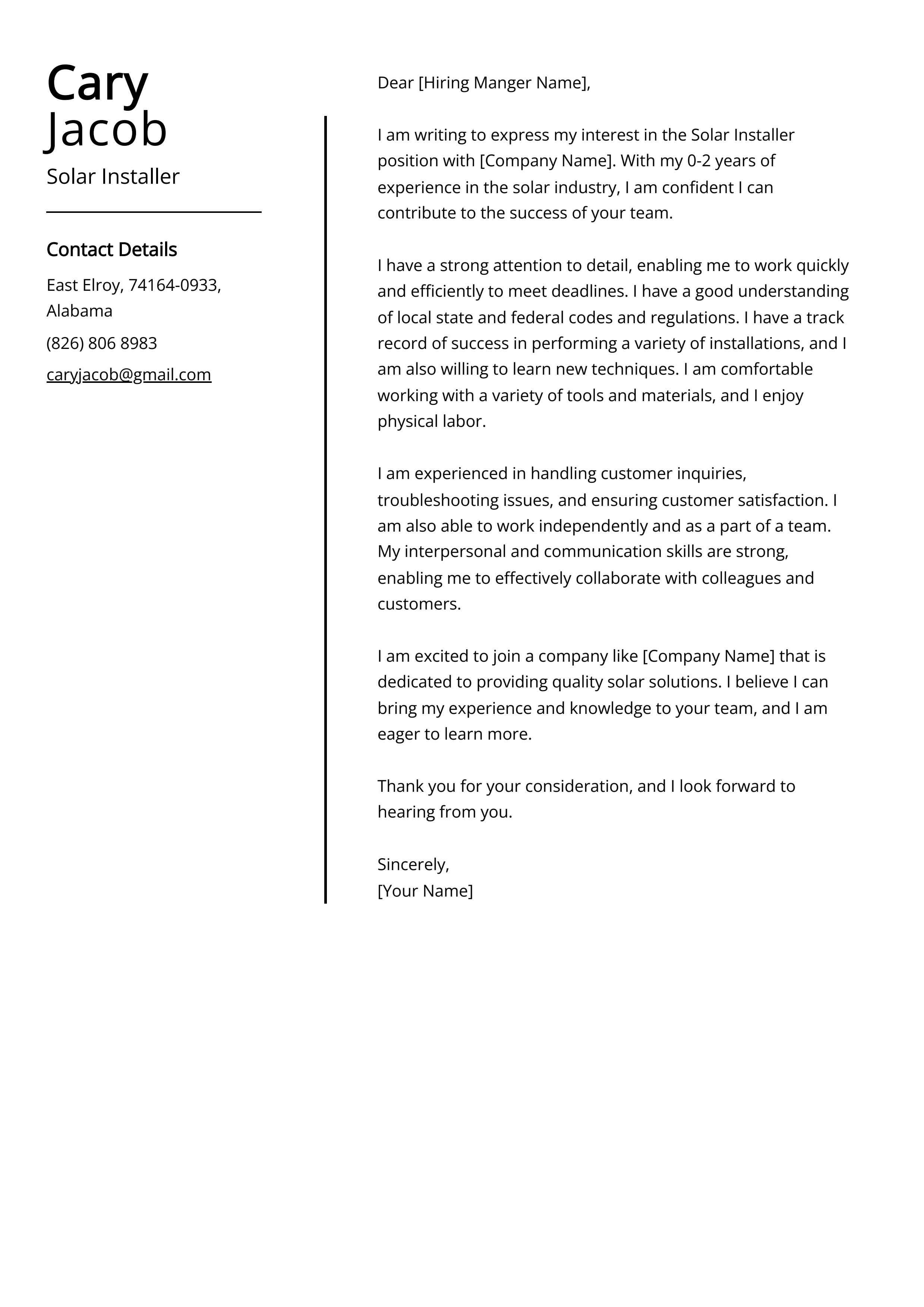 Solar Installer Cover Letter Example