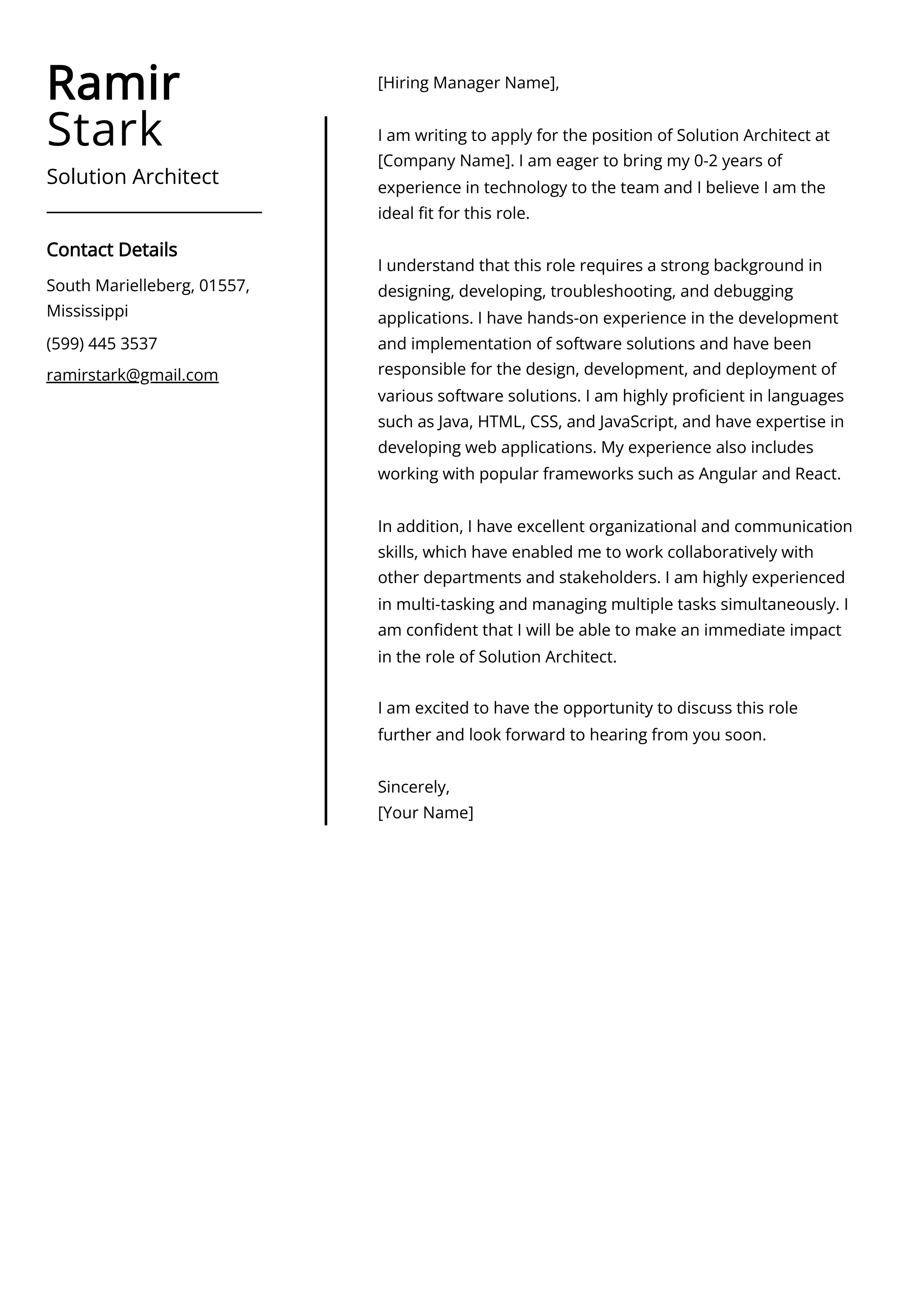 Solution Architect Cover Letter Example