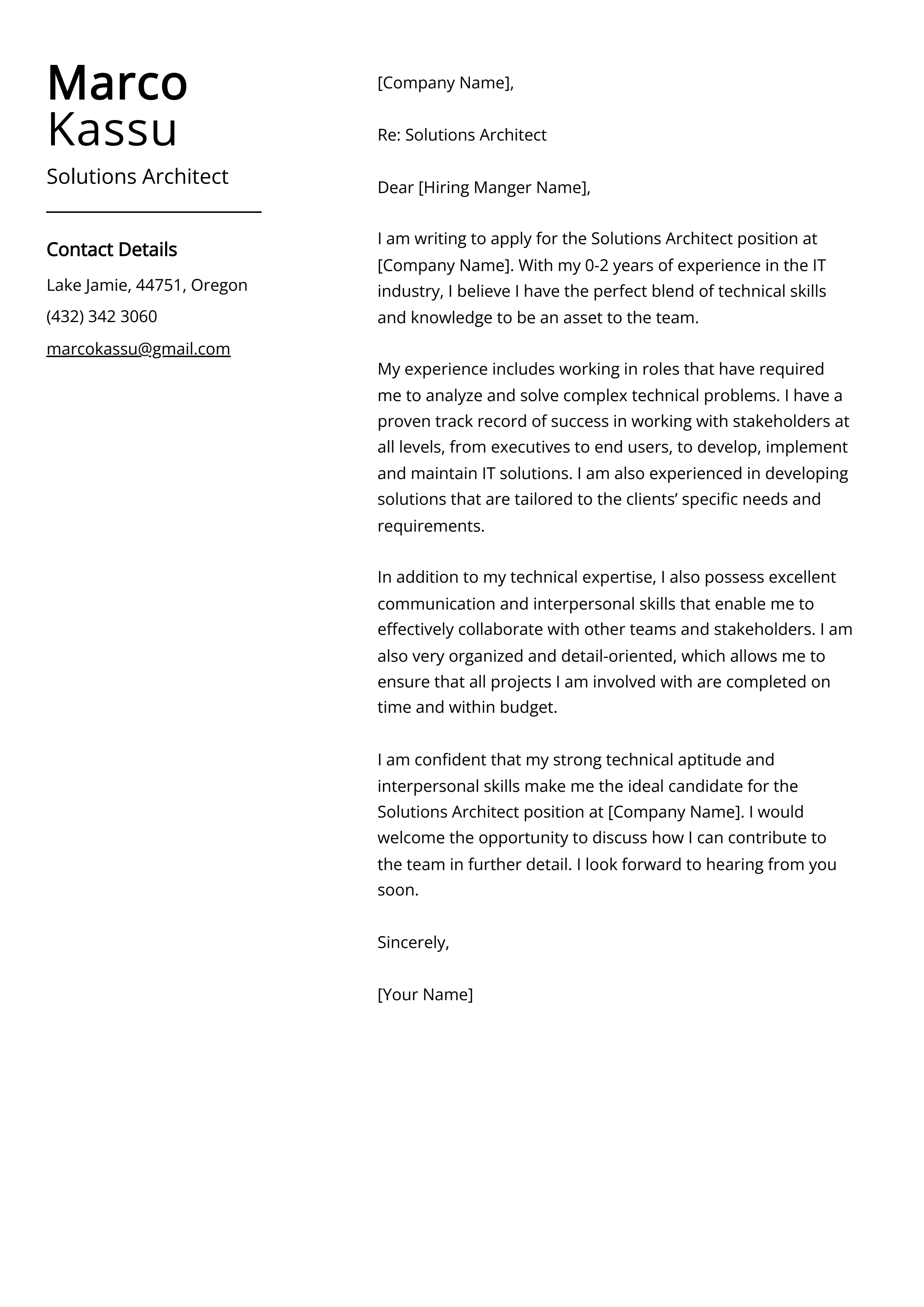 Solutions Architect Cover Letter Example