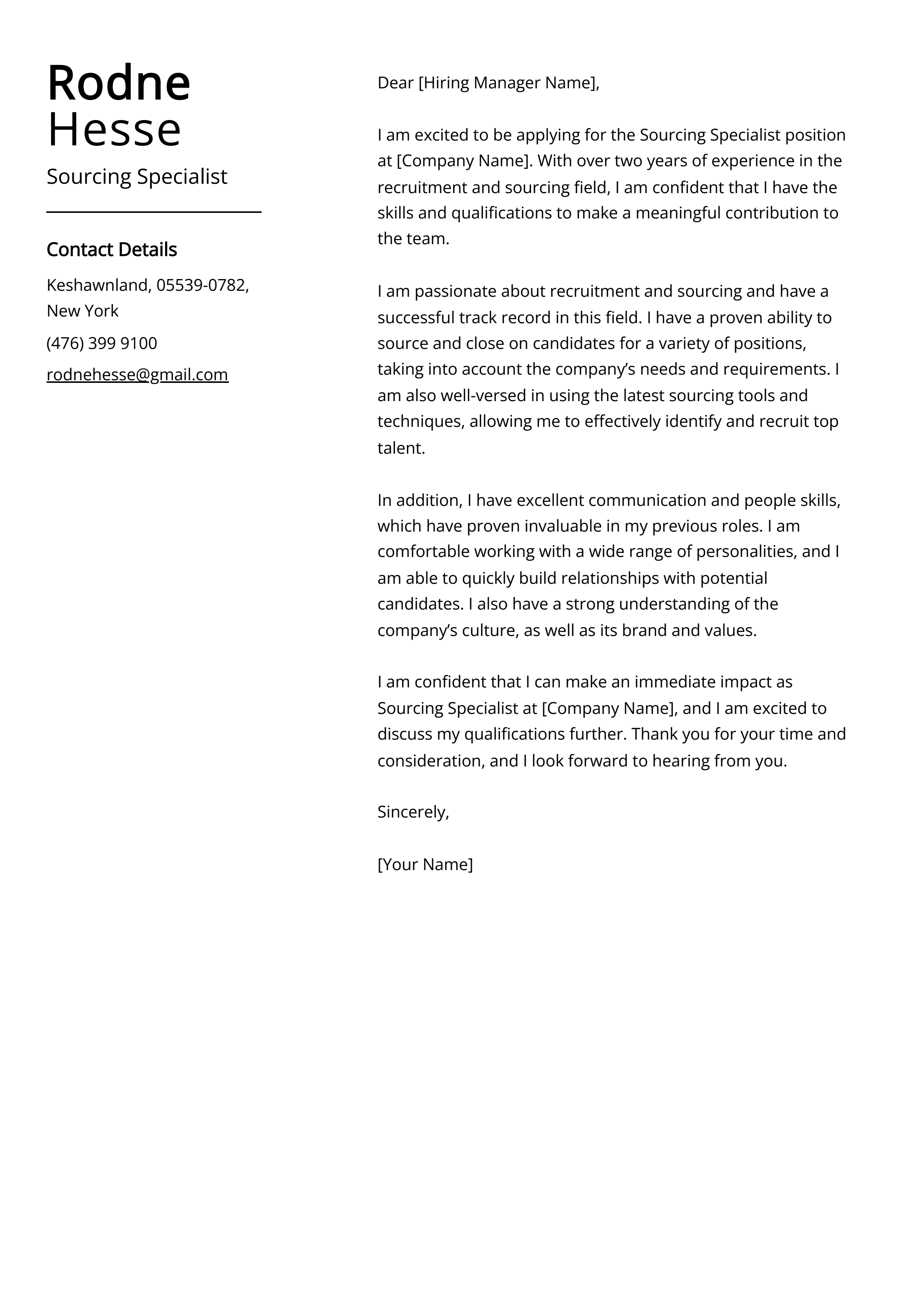 Sourcing Specialist Cover Letter Example