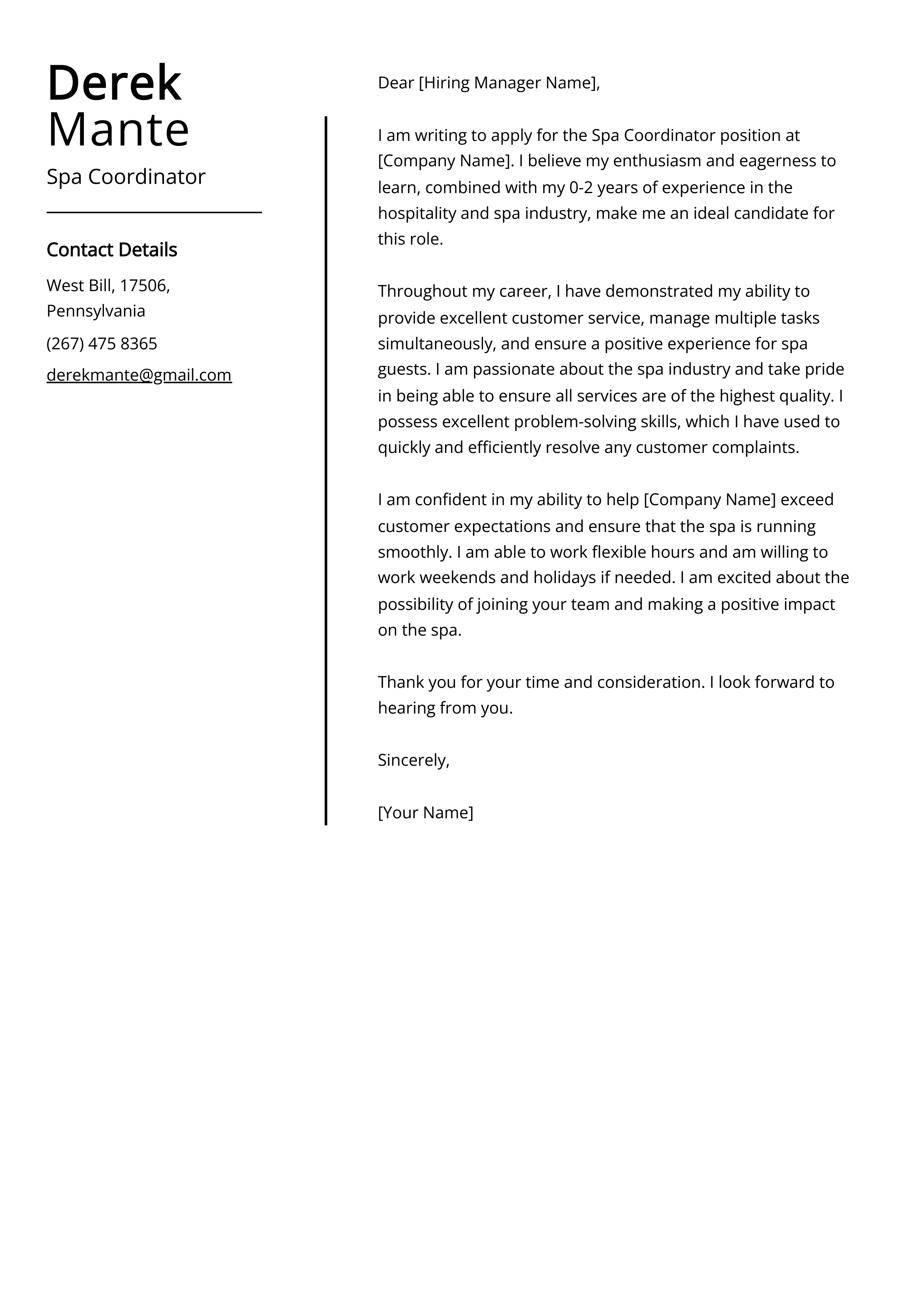 Spa Coordinator Cover Letter Example