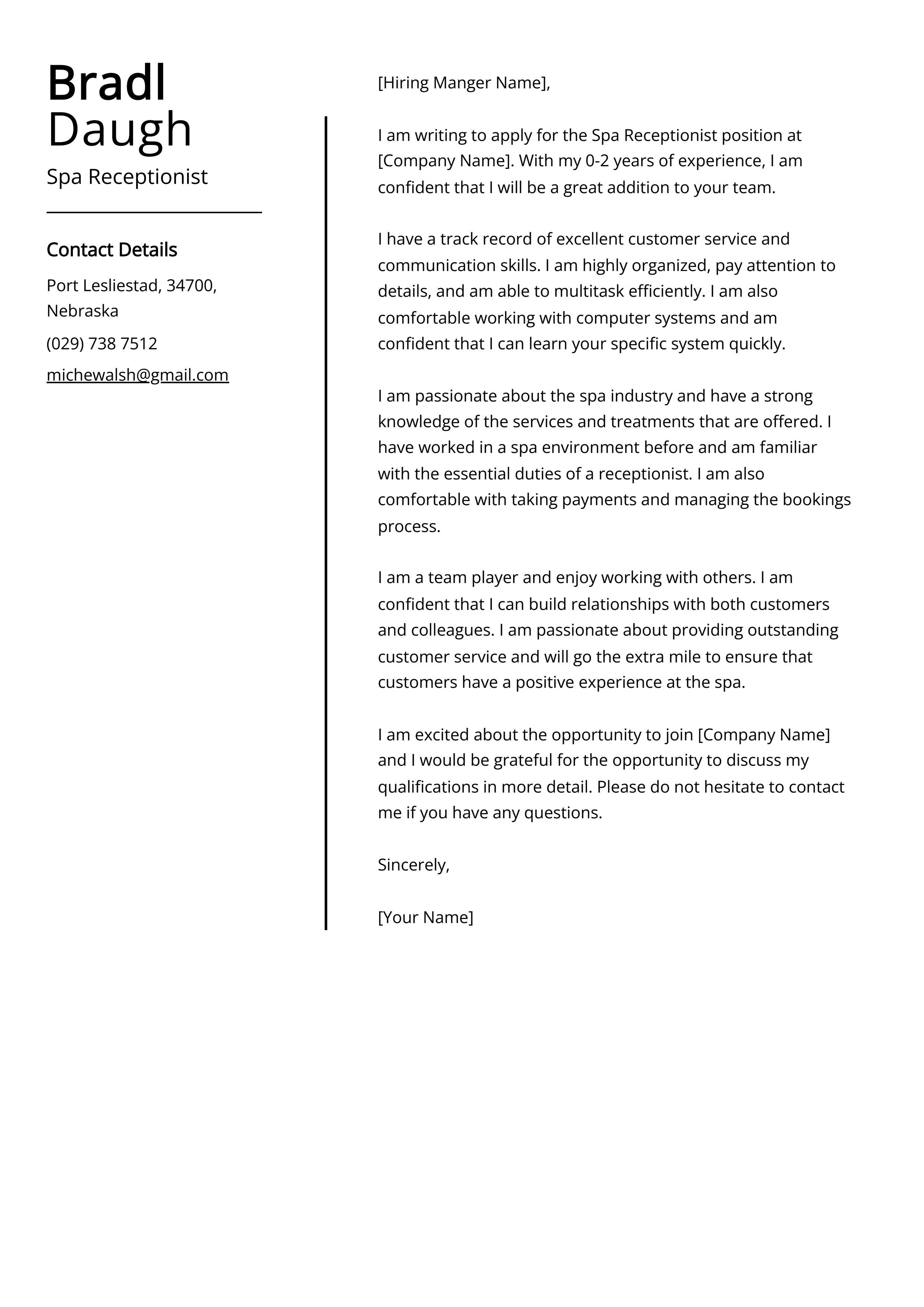 Spa Receptionist Cover Letter Example