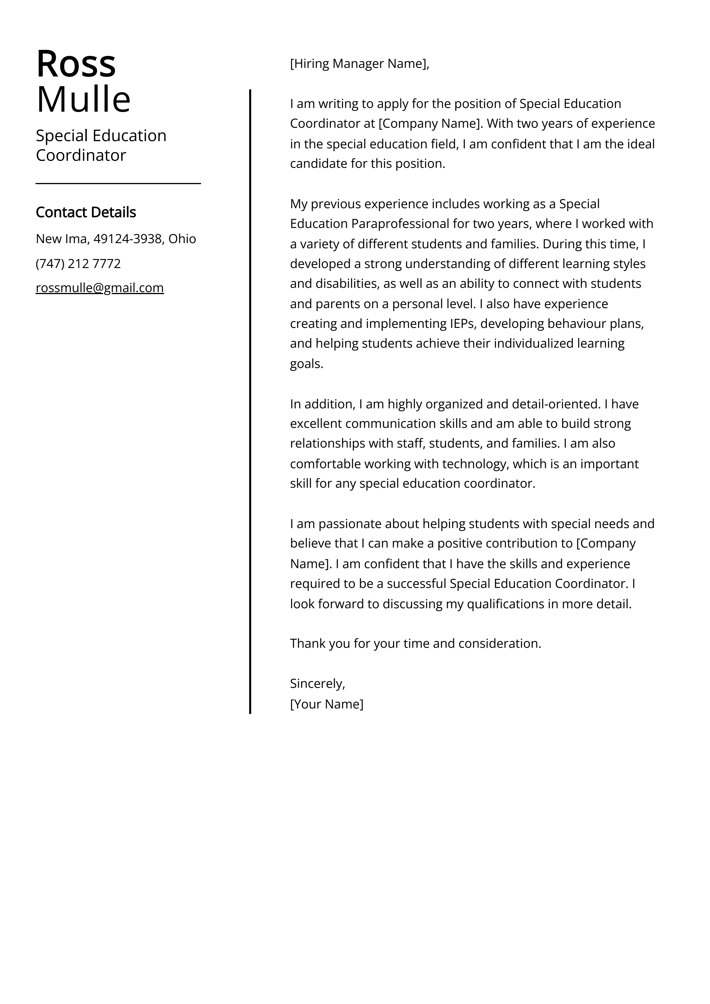 Special Education Coordinator Cover Letter Example