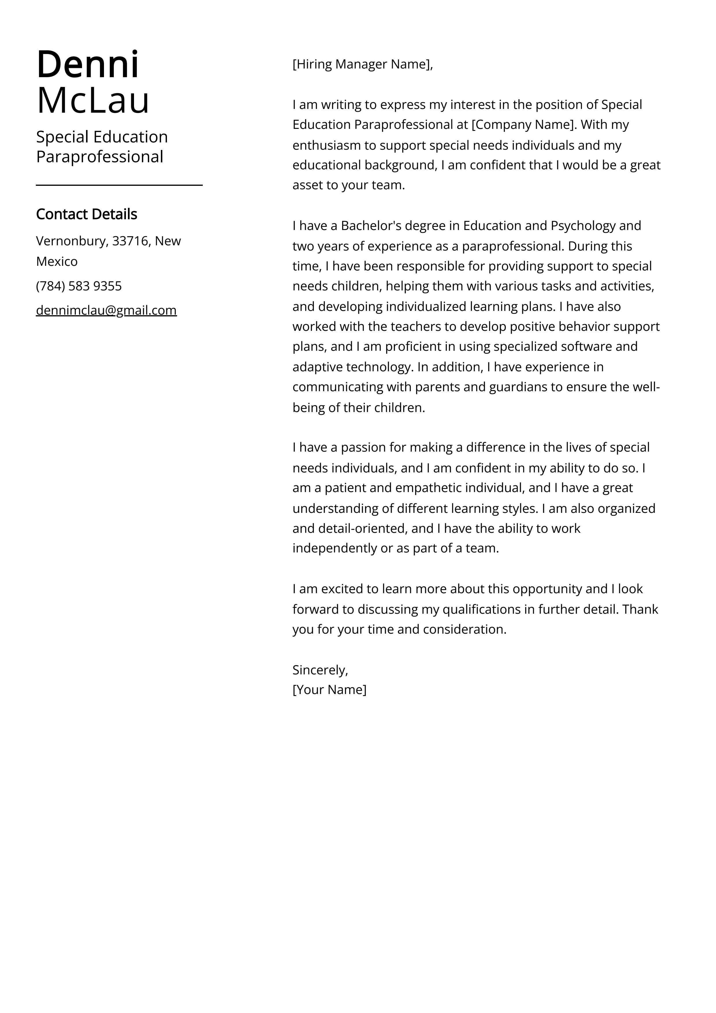 Special Education Paraprofessional Cover Letter Example