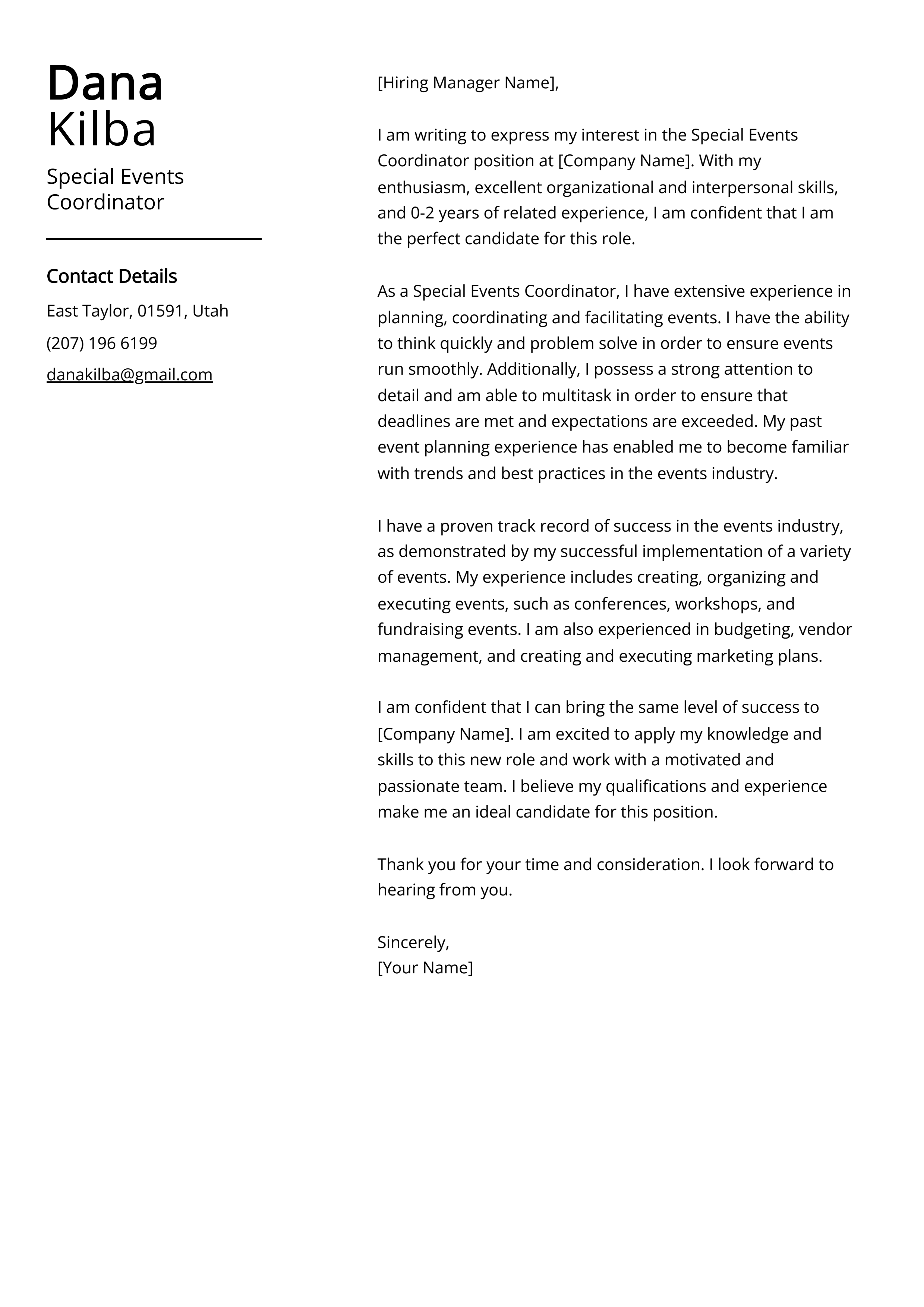 Special Events Coordinator Cover Letter Example