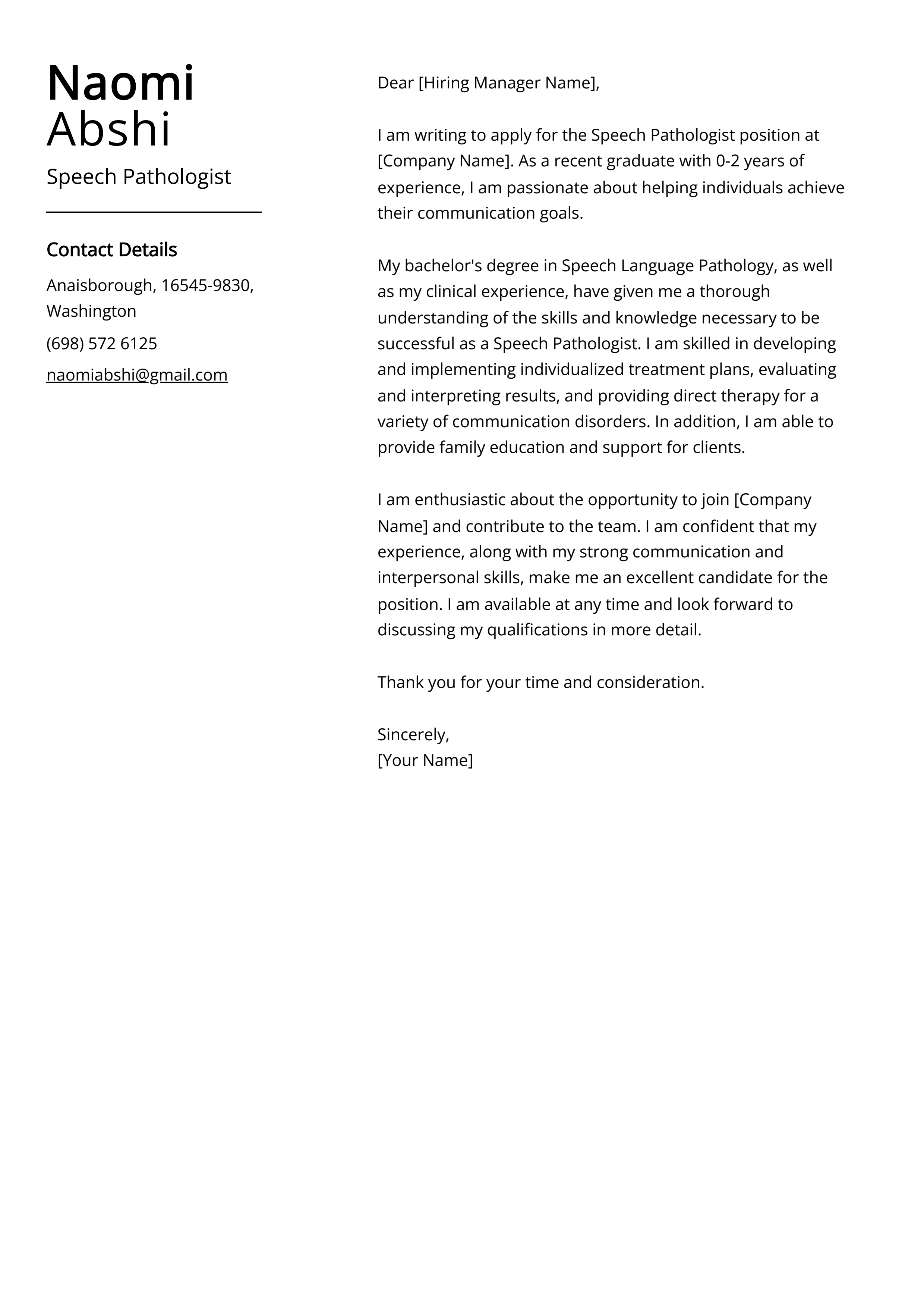 Speech Pathologist Cover Letter Example