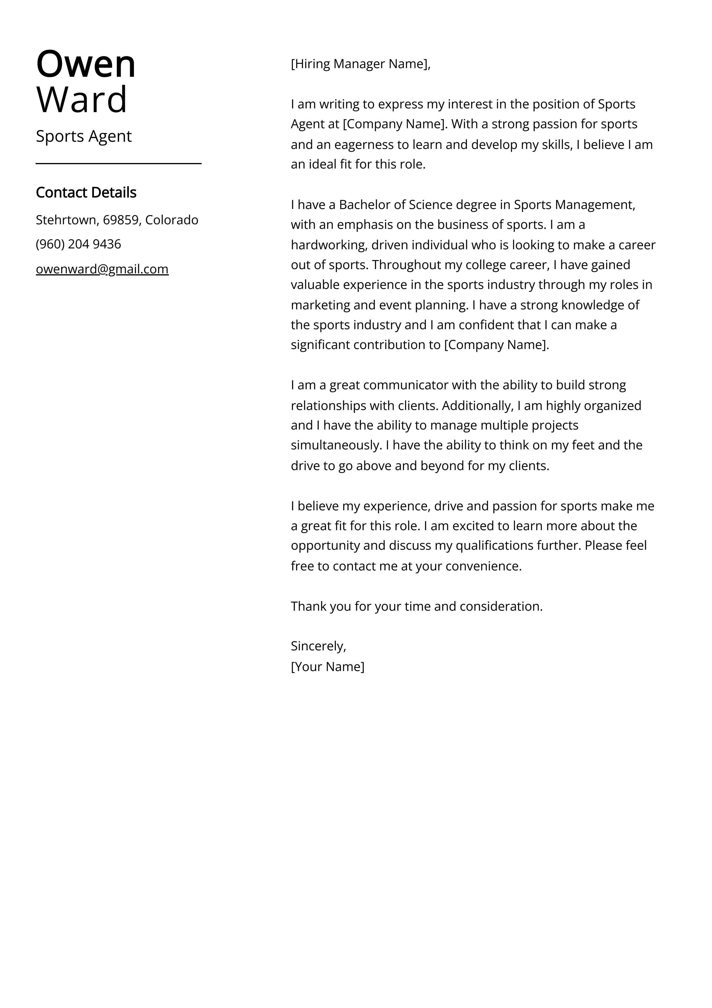 Sports Agent Cover Letter Example