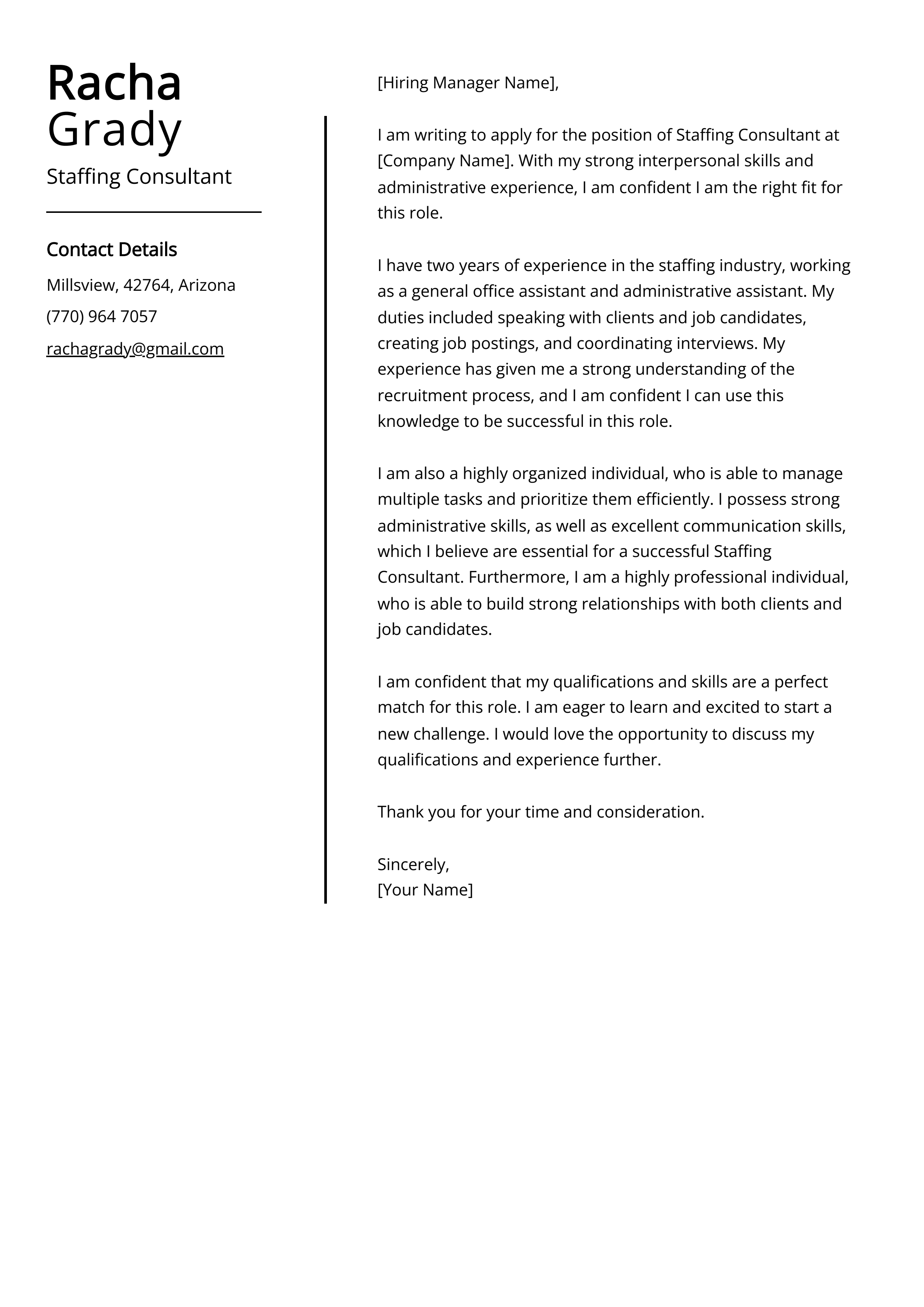 Staffing Consultant Cover Letter Example