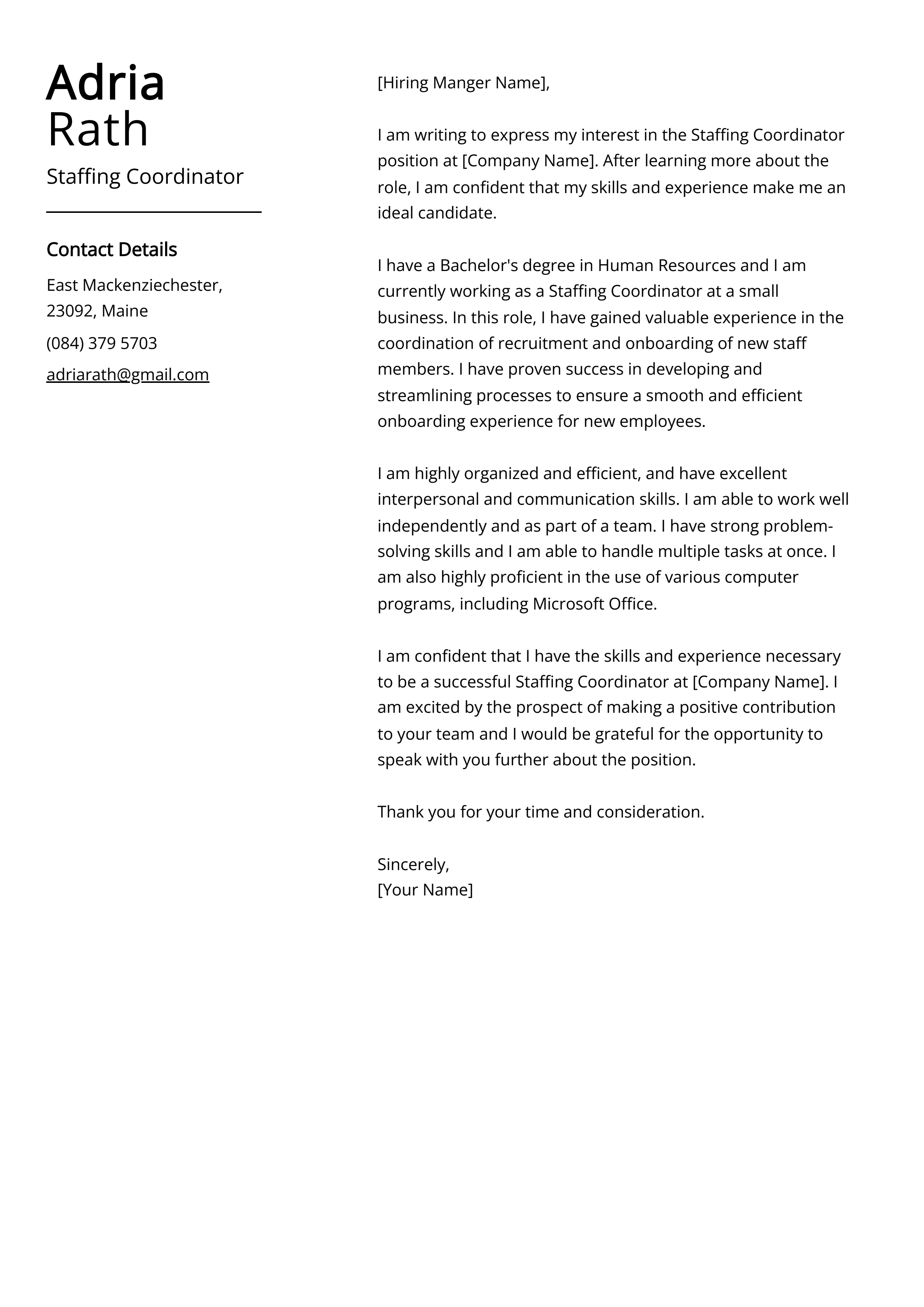 Staffing Coordinator Cover Letter Example