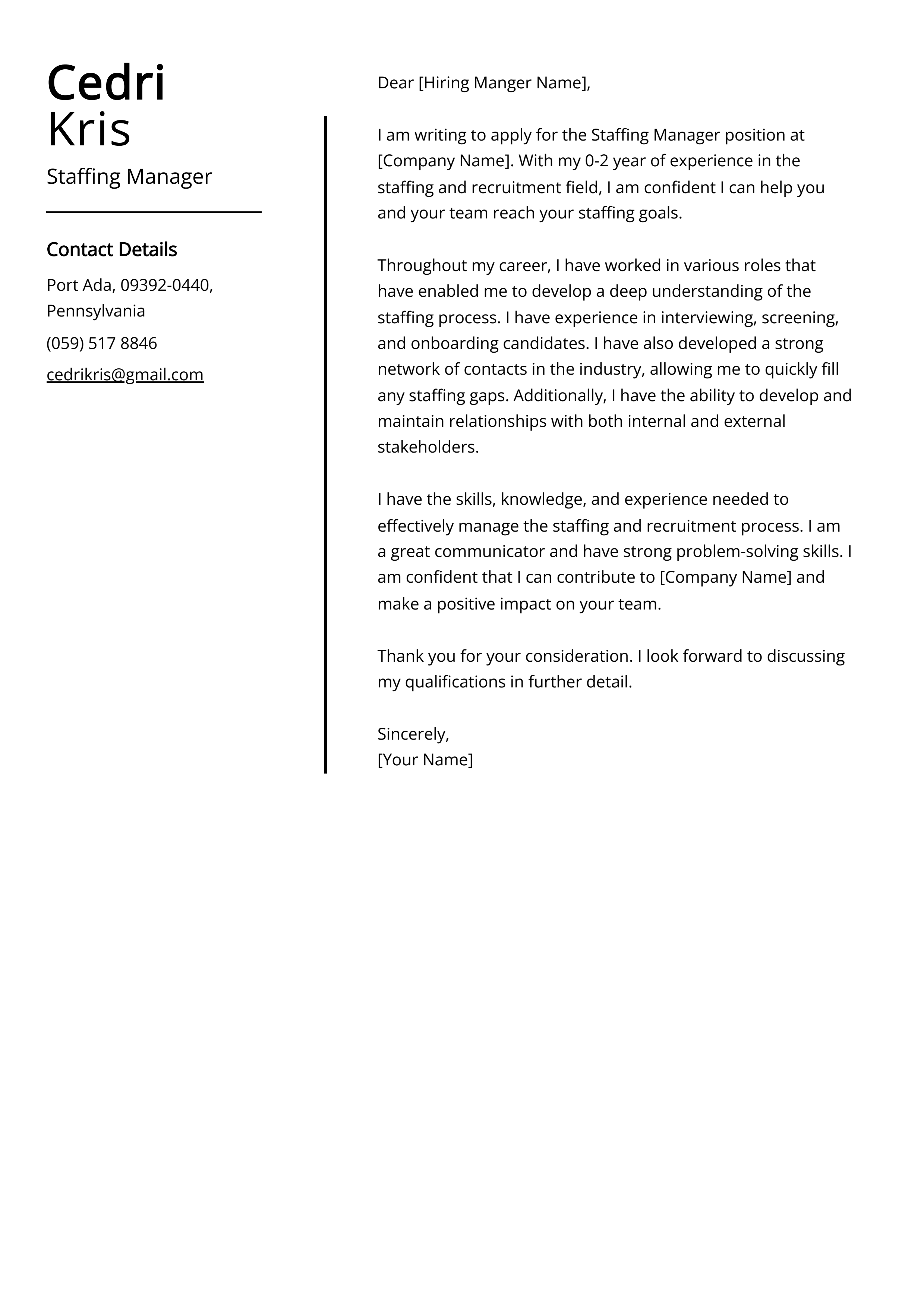Staffing Manager Cover Letter Example