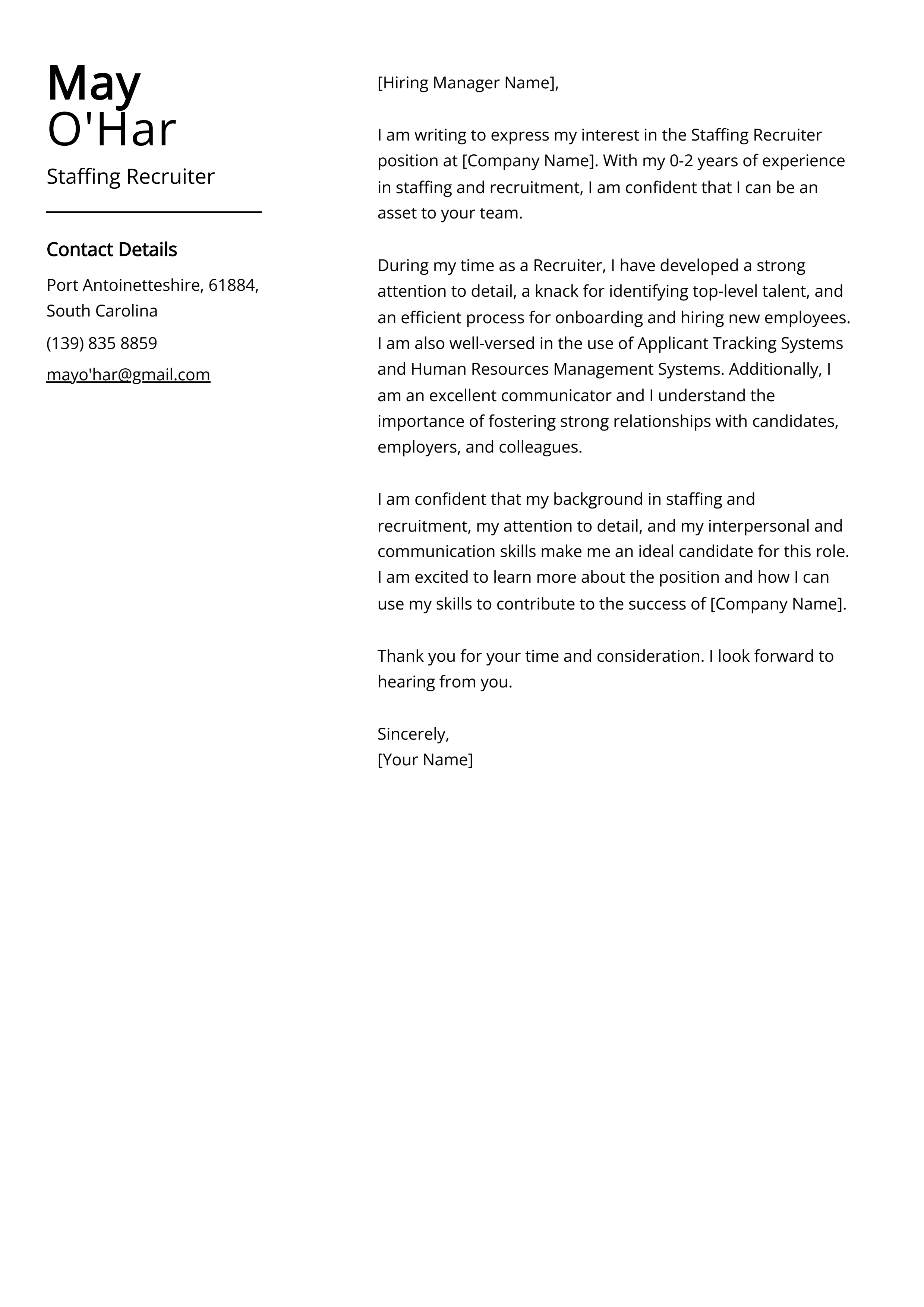 Staffing Recruiter Cover Letter Example
