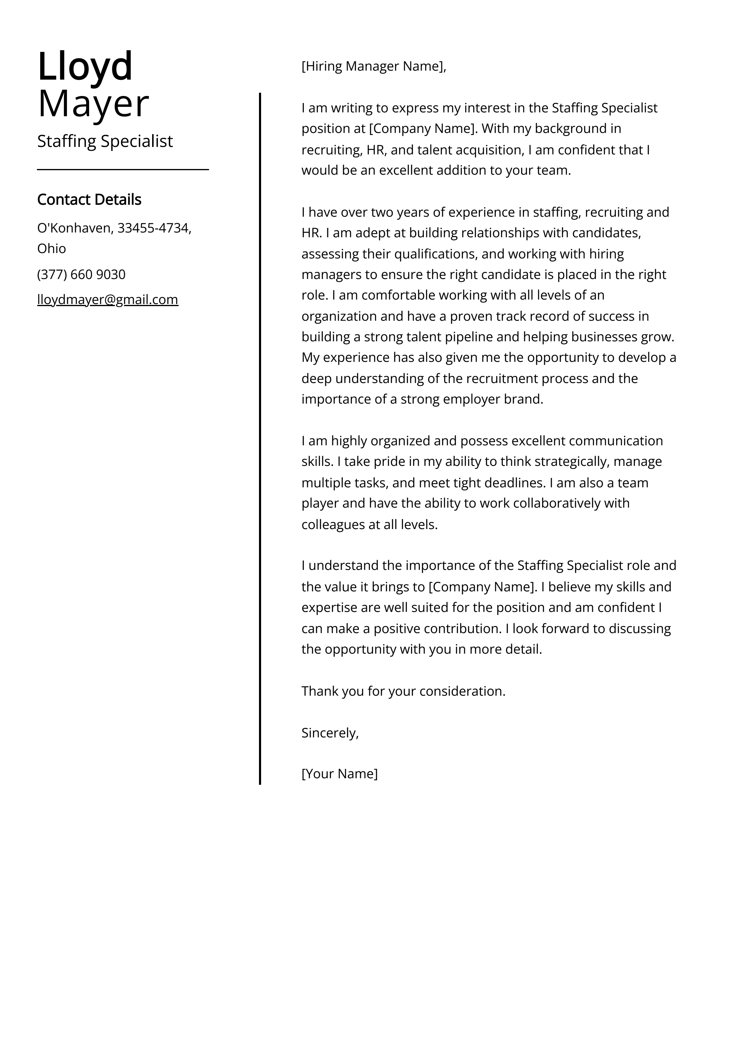 Staffing Specialist Cover Letter Example