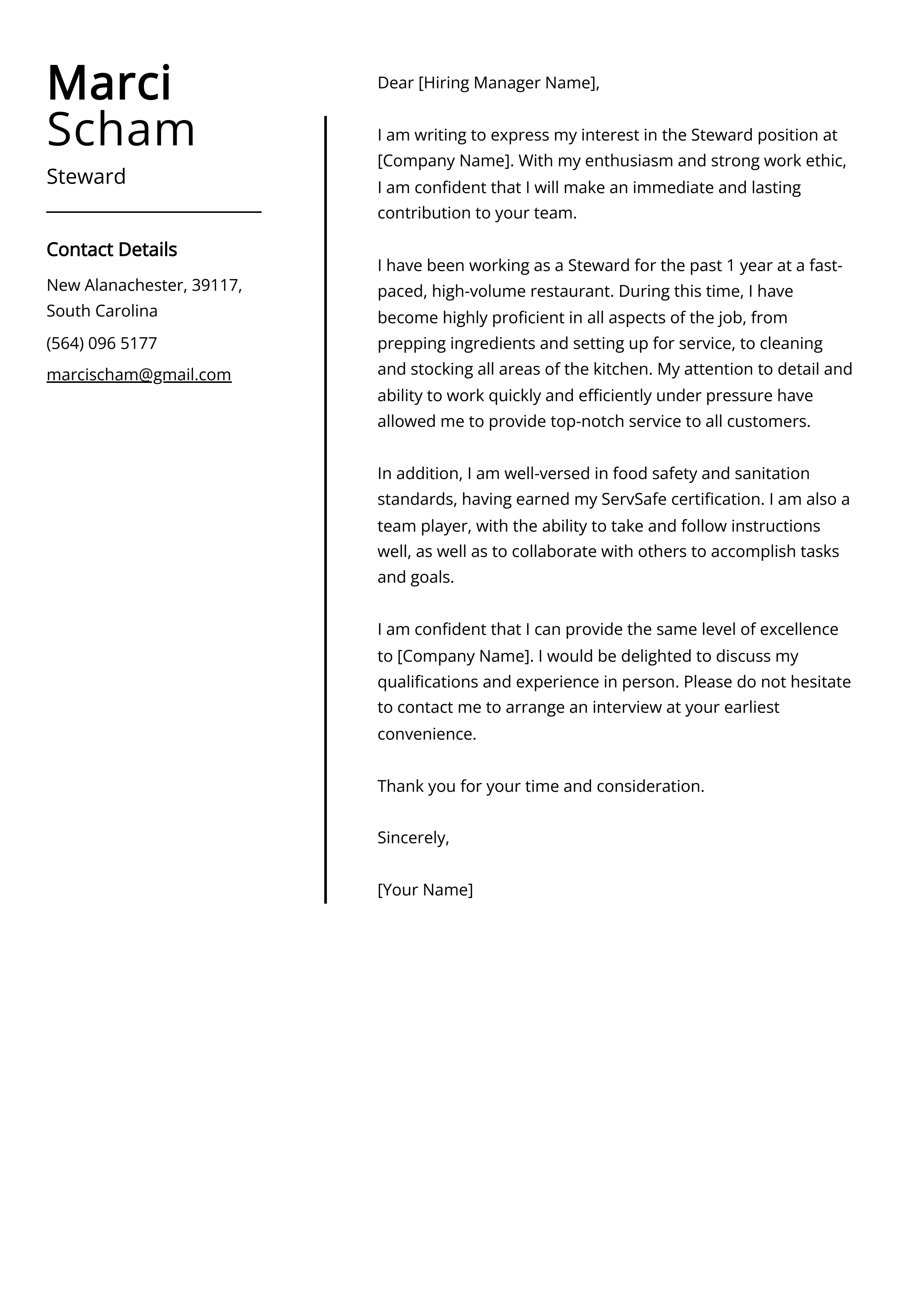 Steward Cover Letter Example