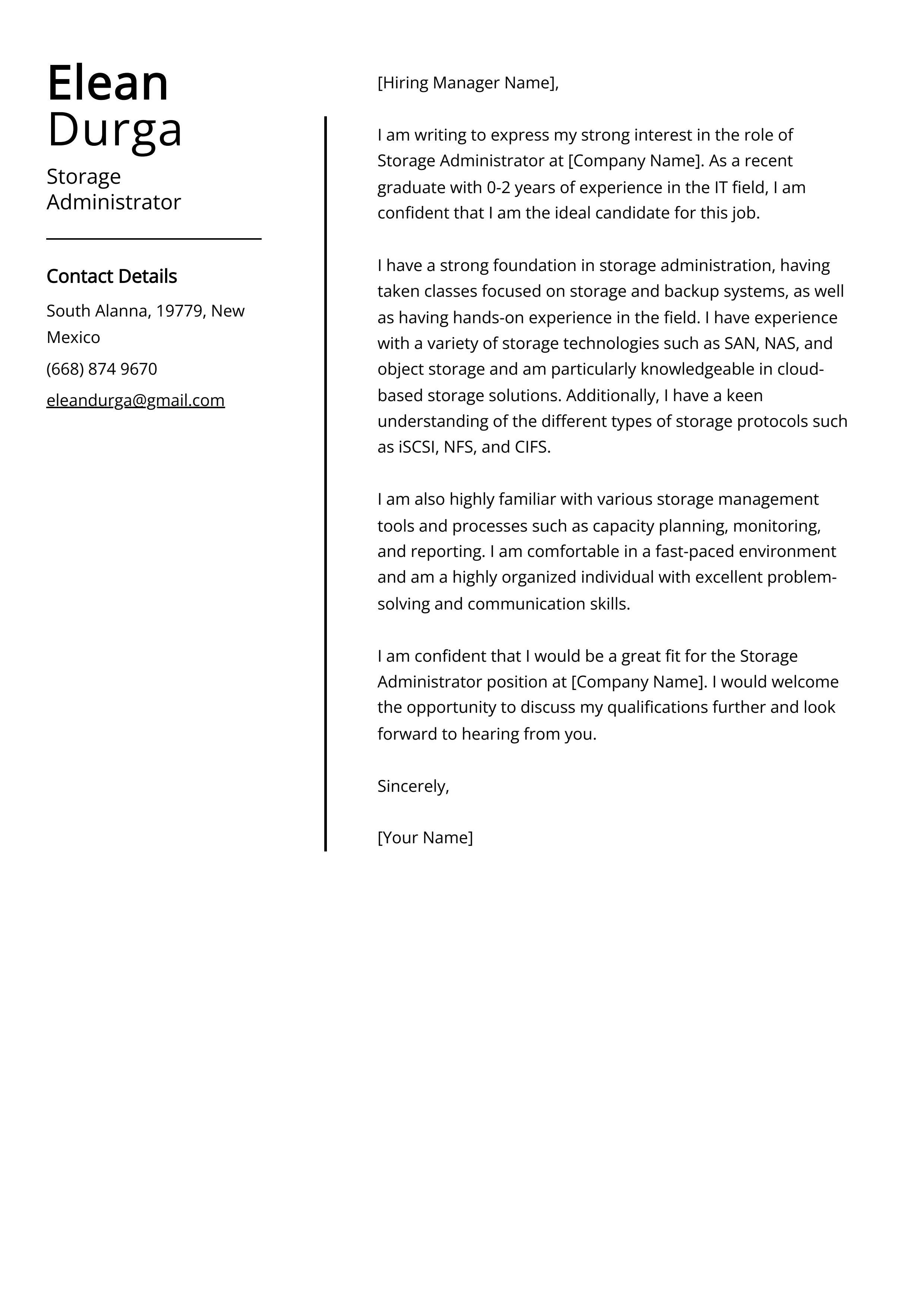 Storage Administrator Cover Letter Example