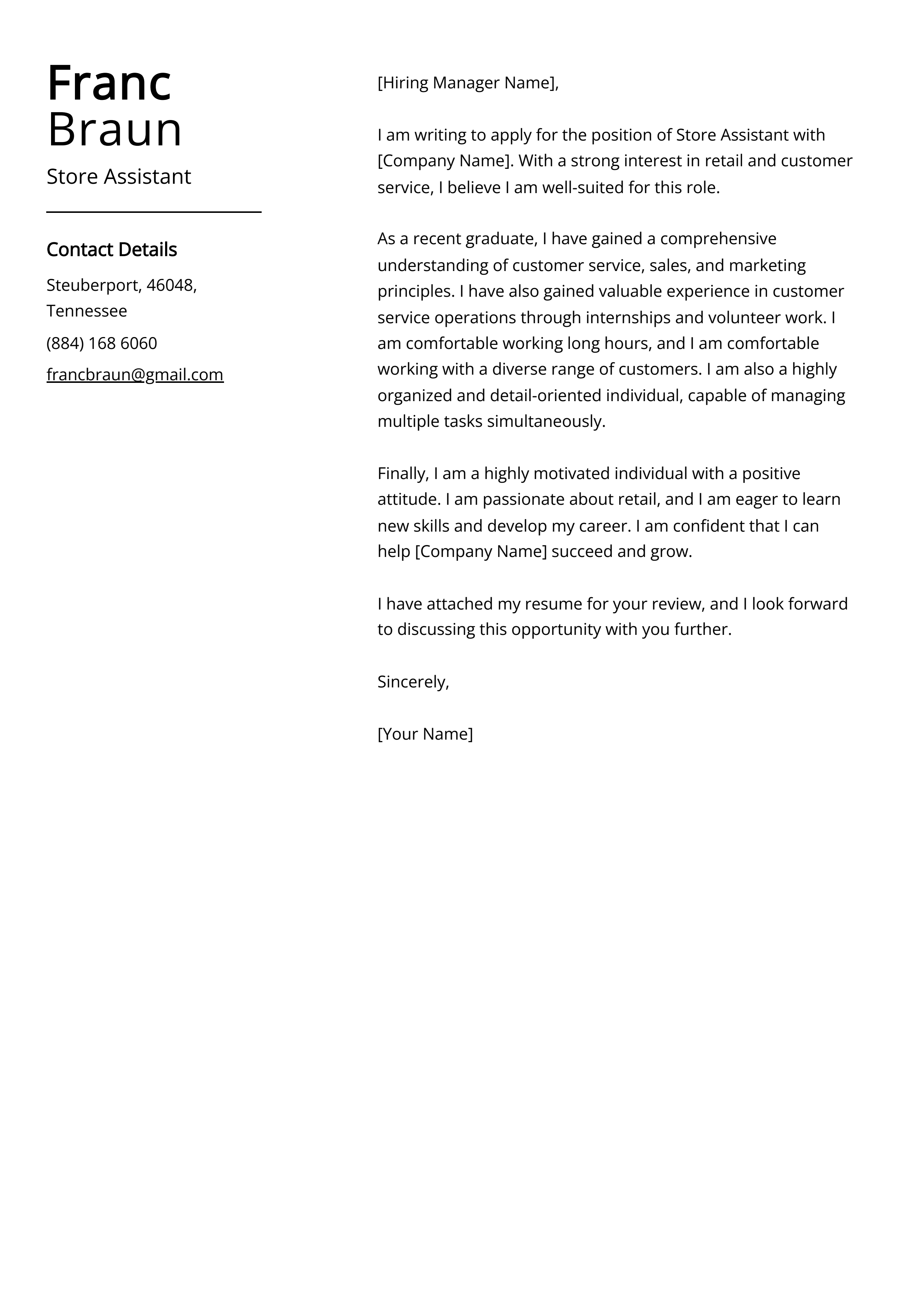 Store Assistant Cover Letter Example