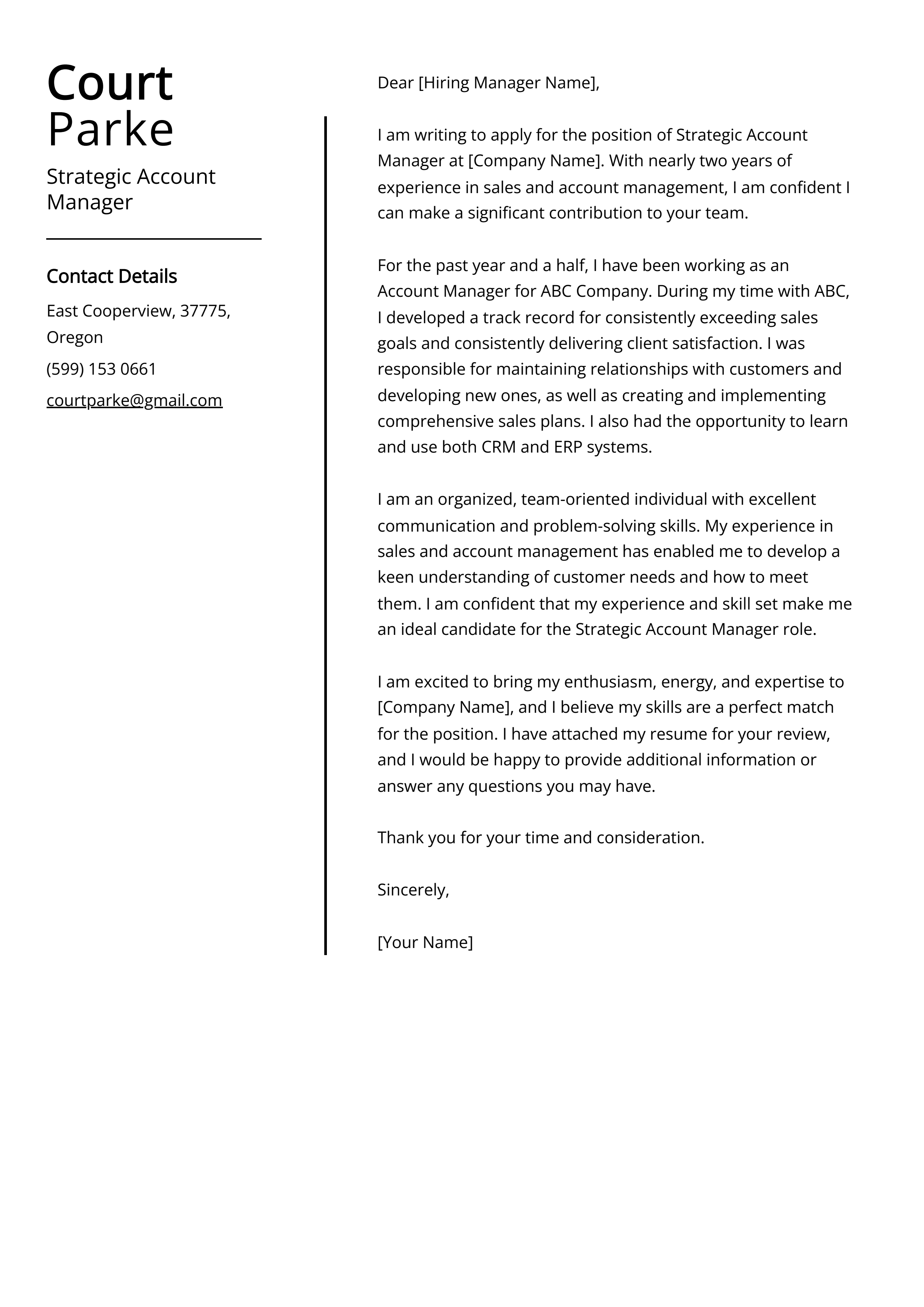 Strategic Account Manager Cover Letter Example