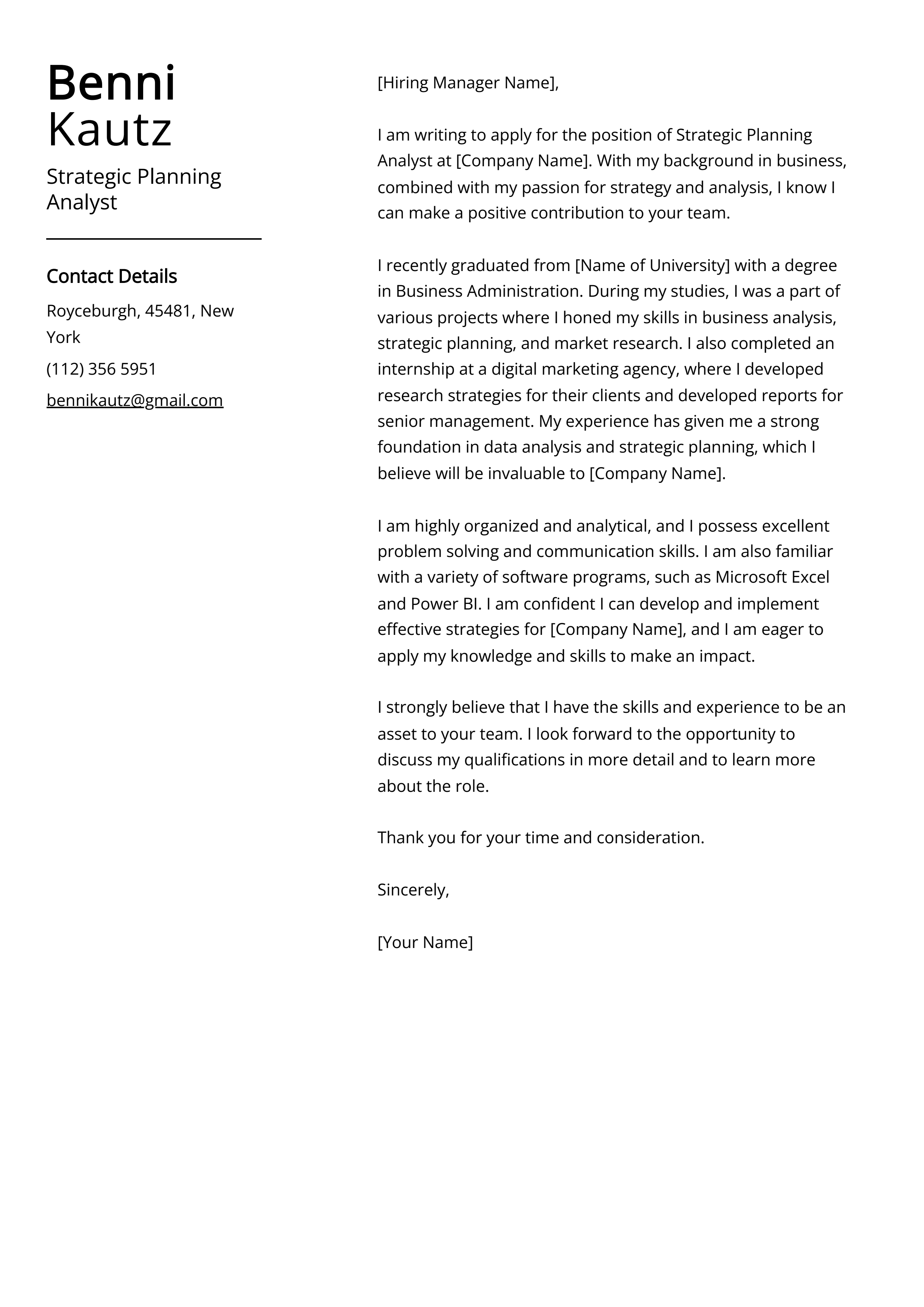 Strategic Planning Analyst Cover Letter Example
