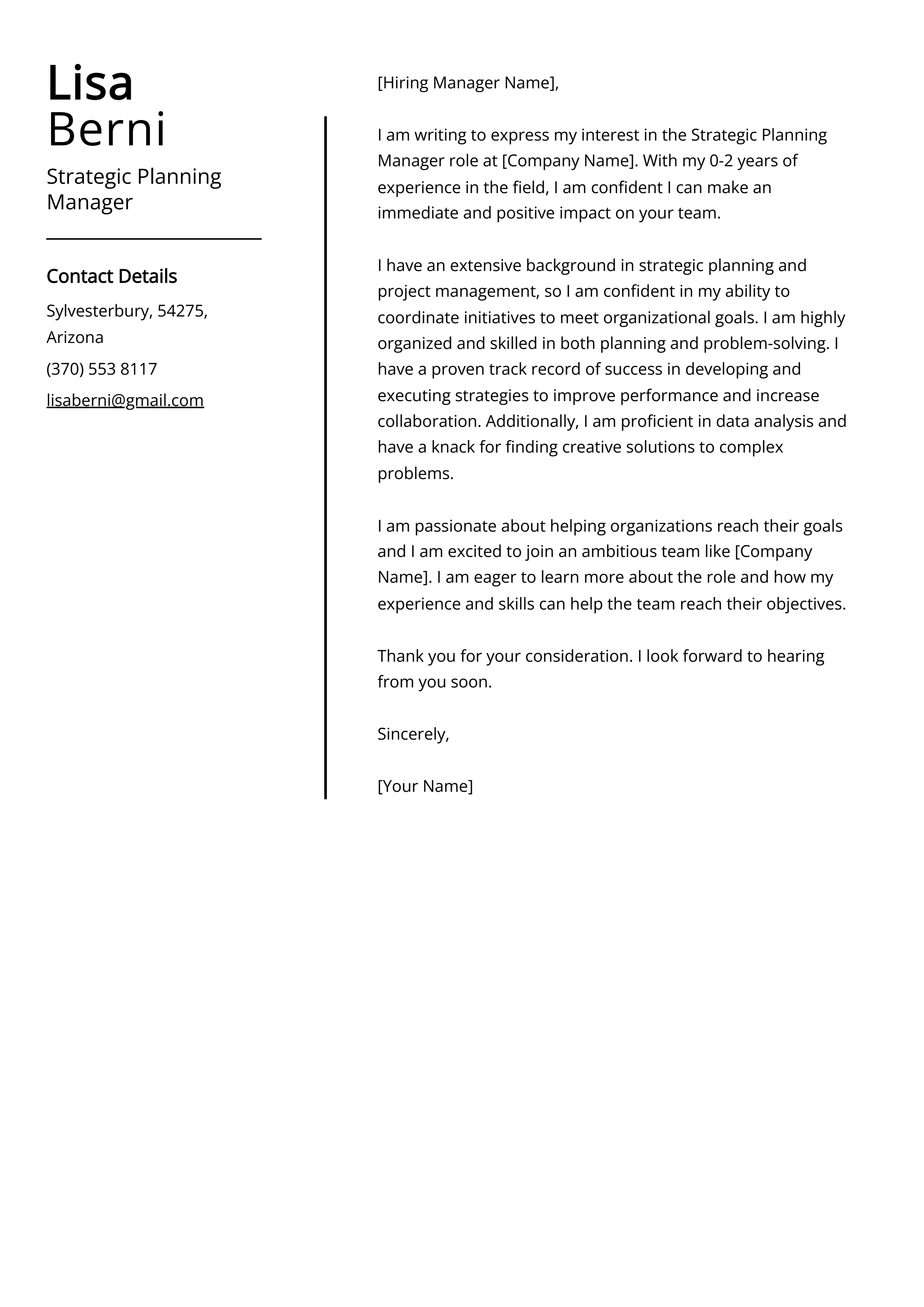 Strategic Planning Manager Cover Letter Example