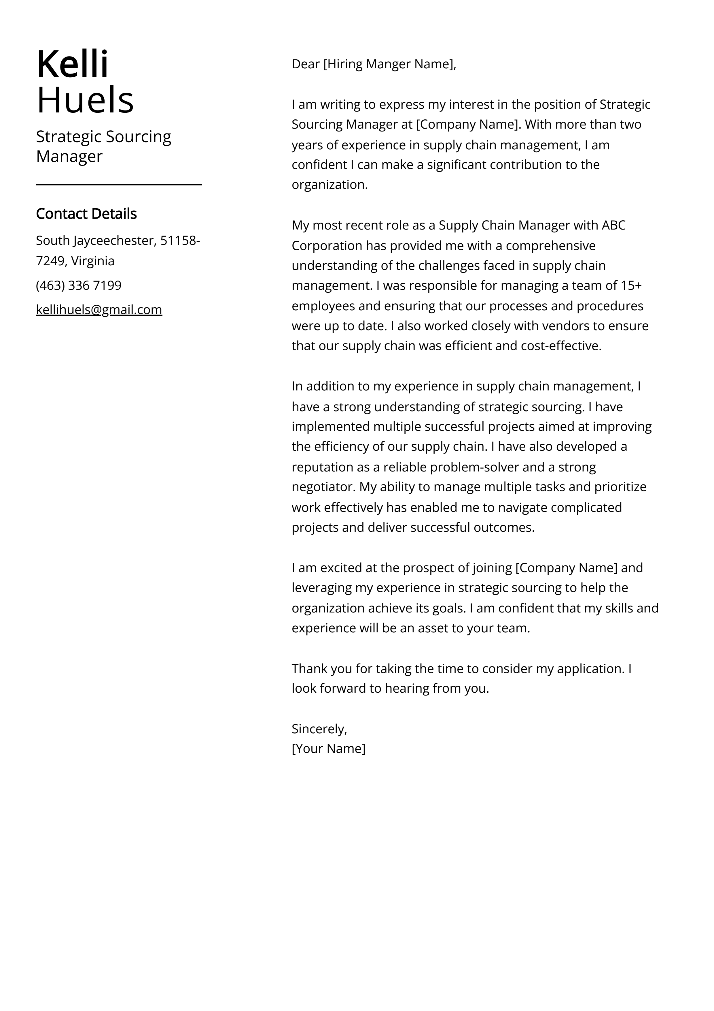 Strategic Sourcing Manager Cover Letter Example