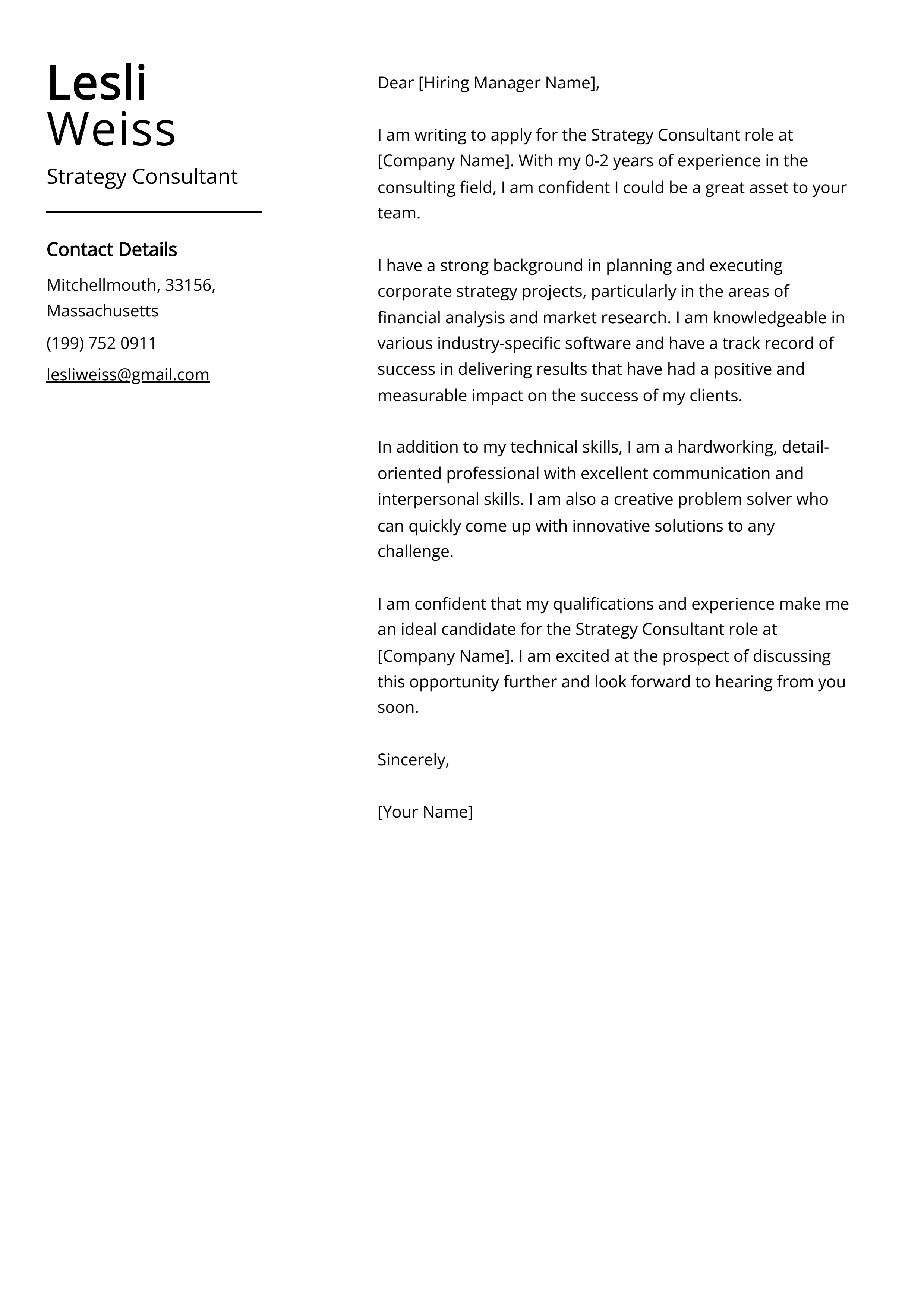 Strategy Consultant Cover Letter Example