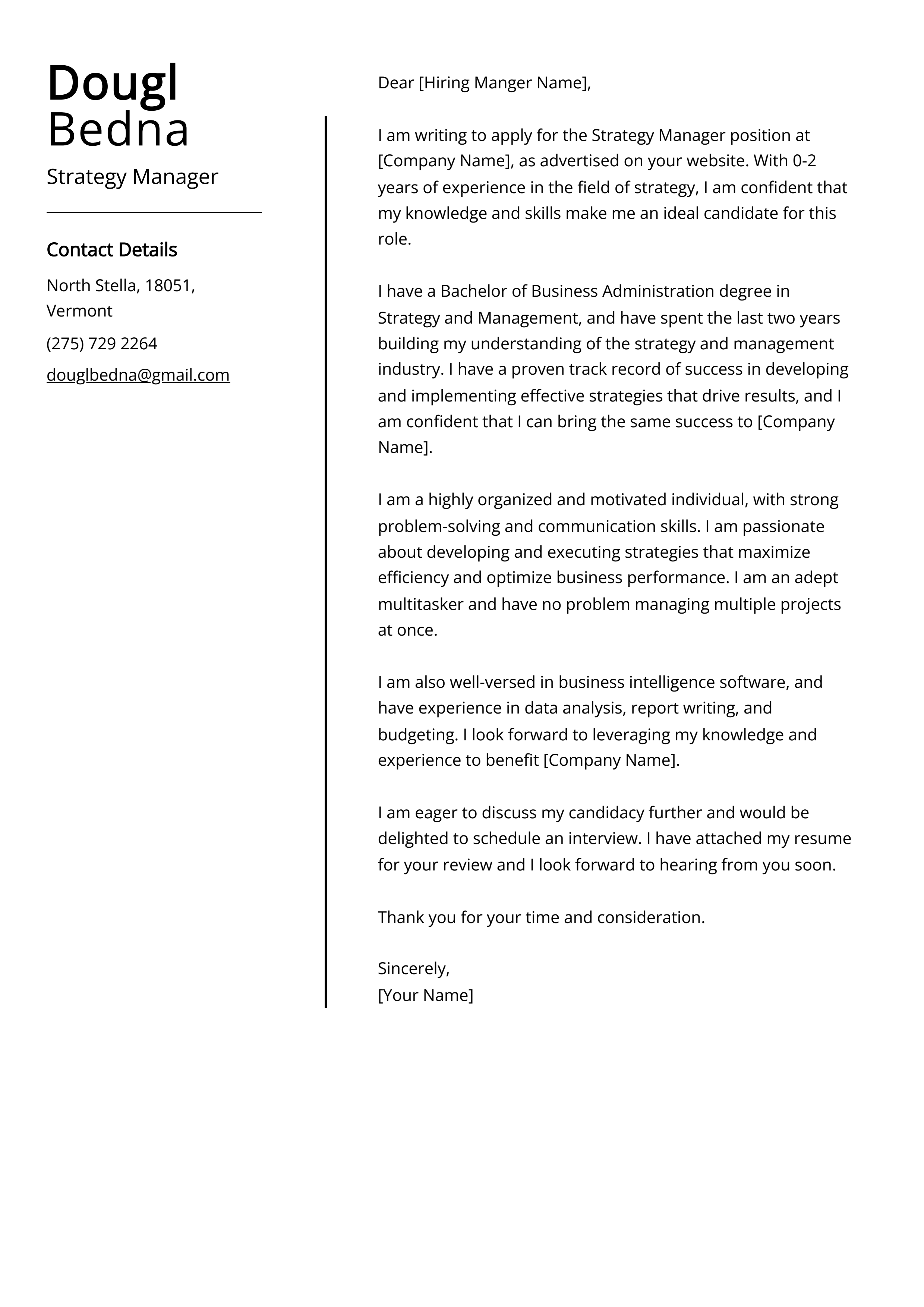 Strategy Manager Cover Letter Example