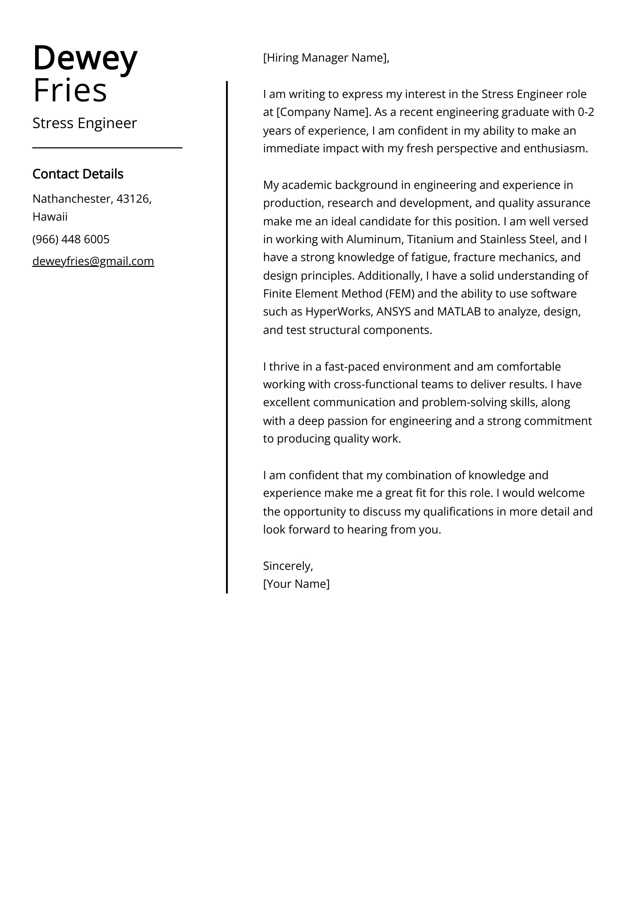 Stress Engineer Cover Letter Example