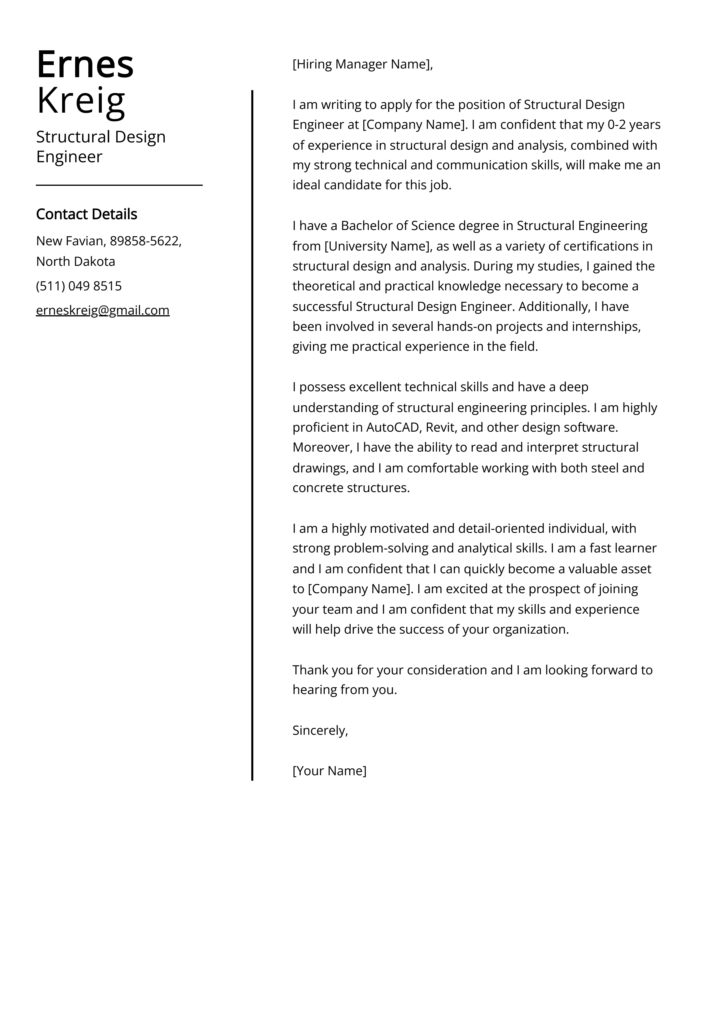 Structural Design Engineer Cover Letter Example