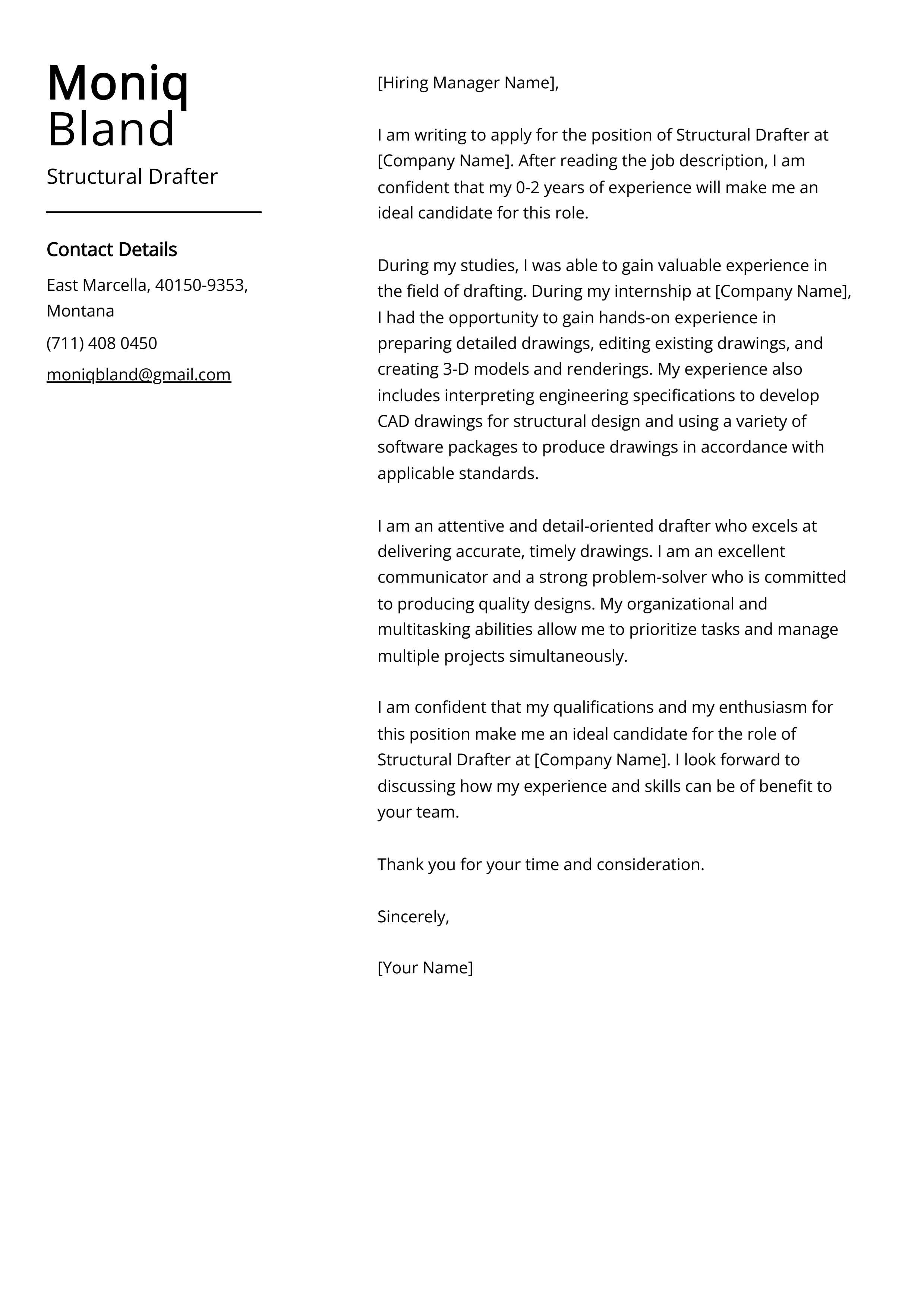 Structural Drafter Cover Letter Example
