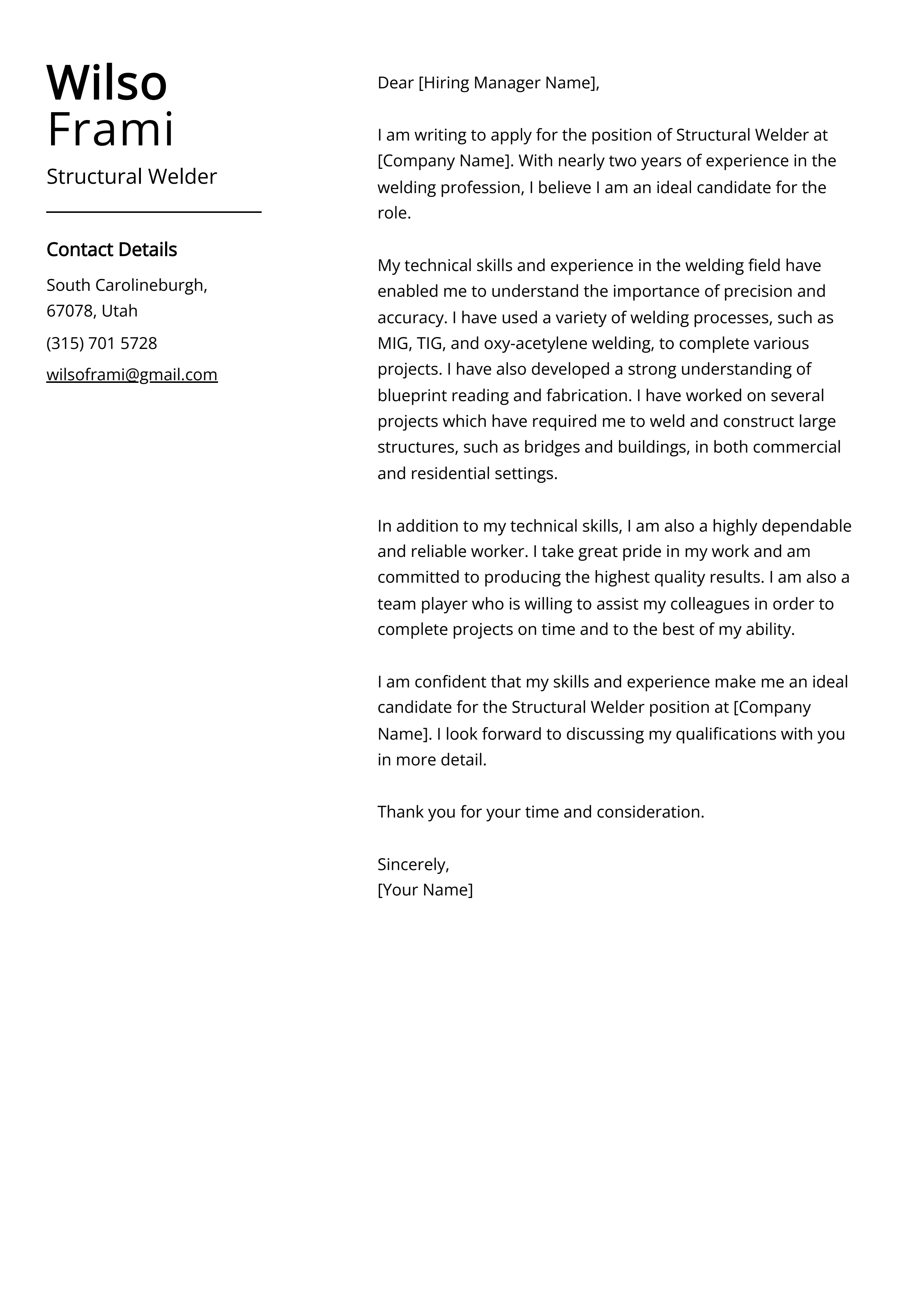 Structural Welder Cover Letter Example