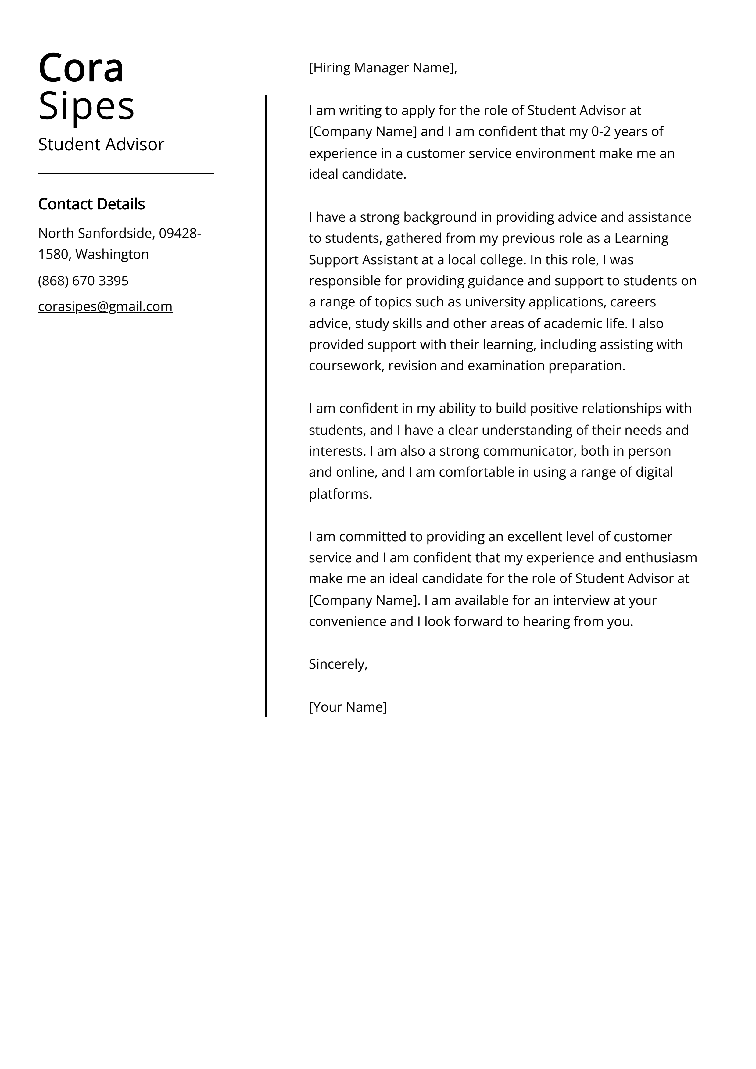 Student Advisor Cover Letter Example