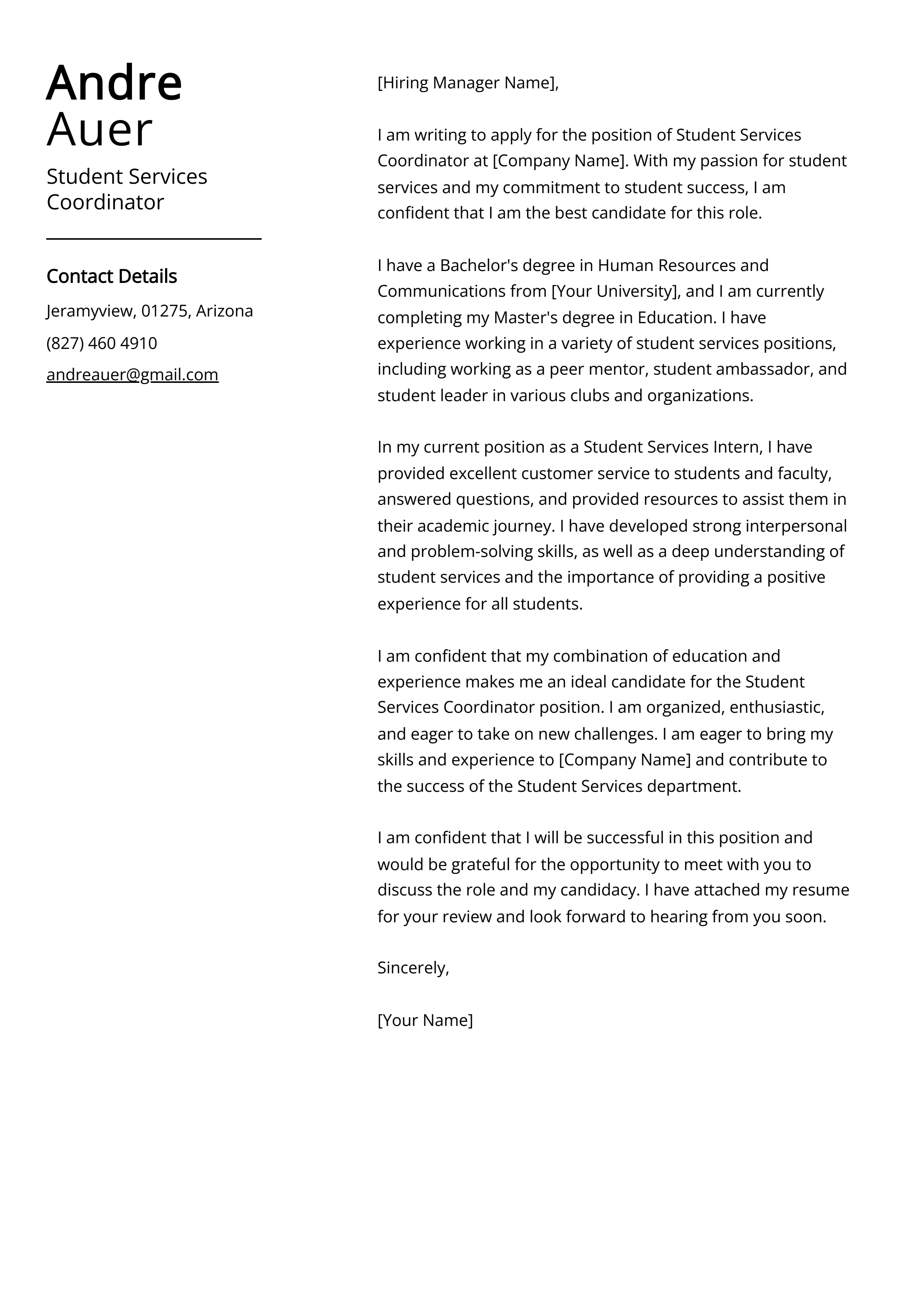 Student Services Coordinator Cover Letter Example