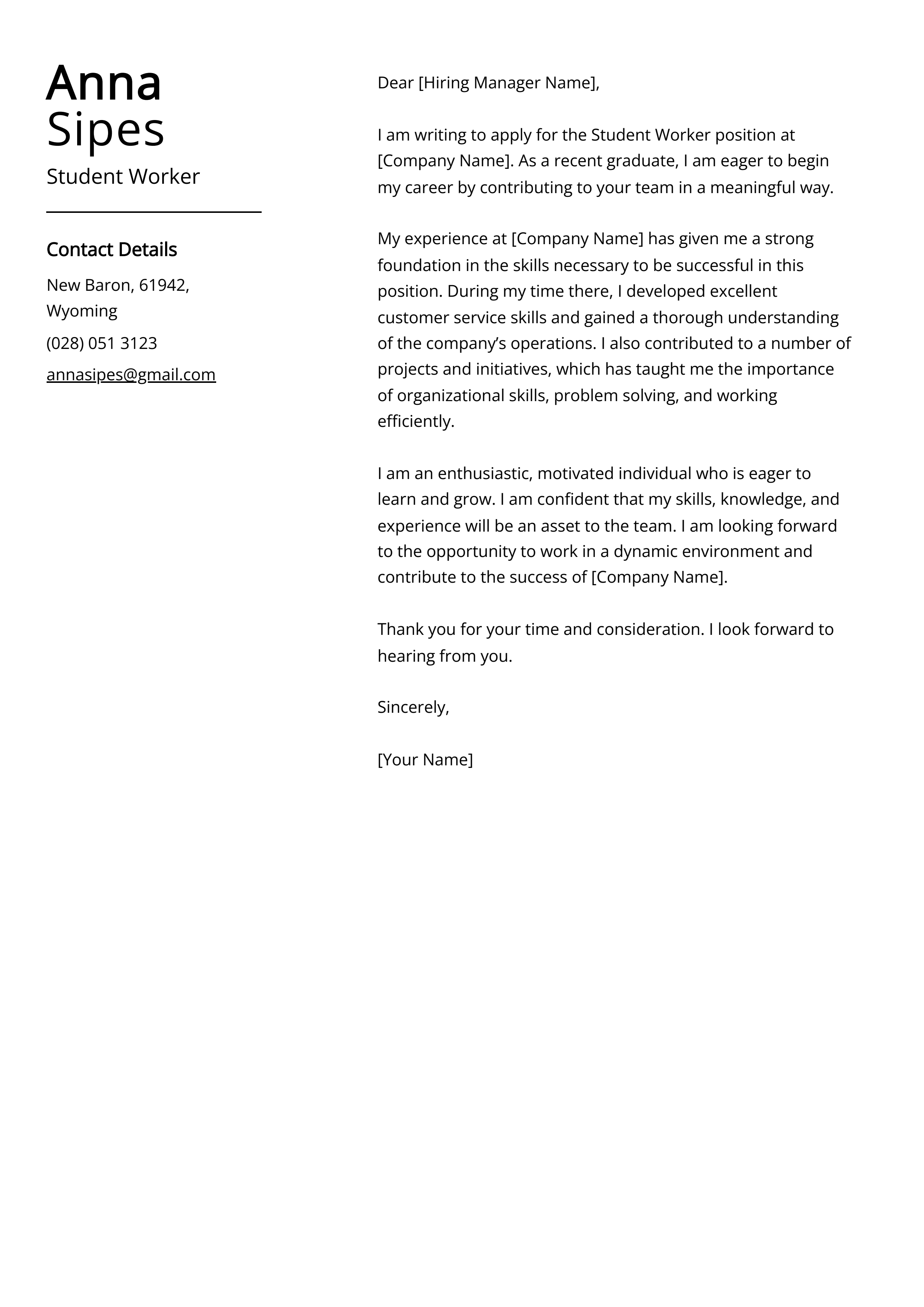 Student Worker Cover Letter Example