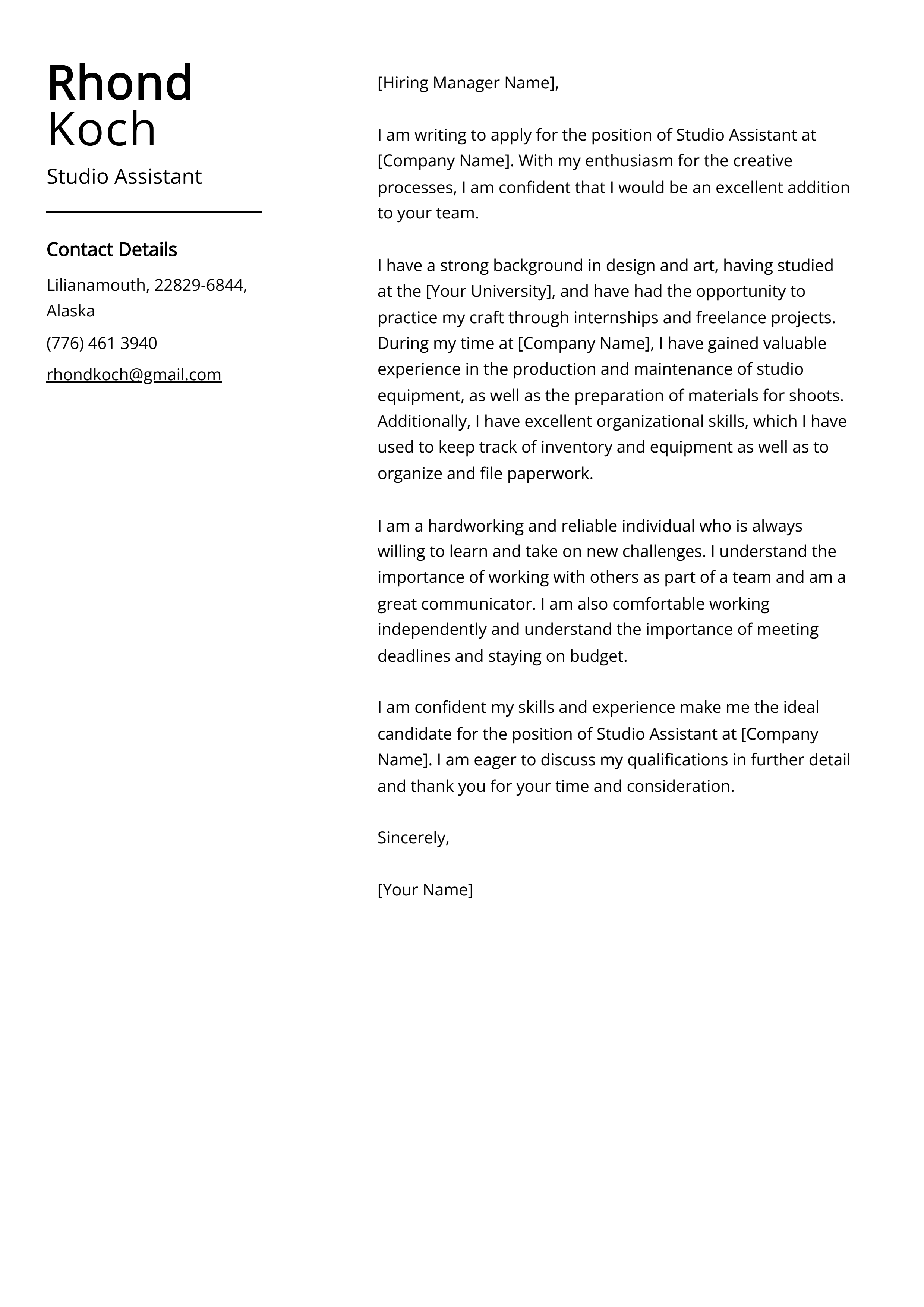 Studio Assistant Cover Letter Example