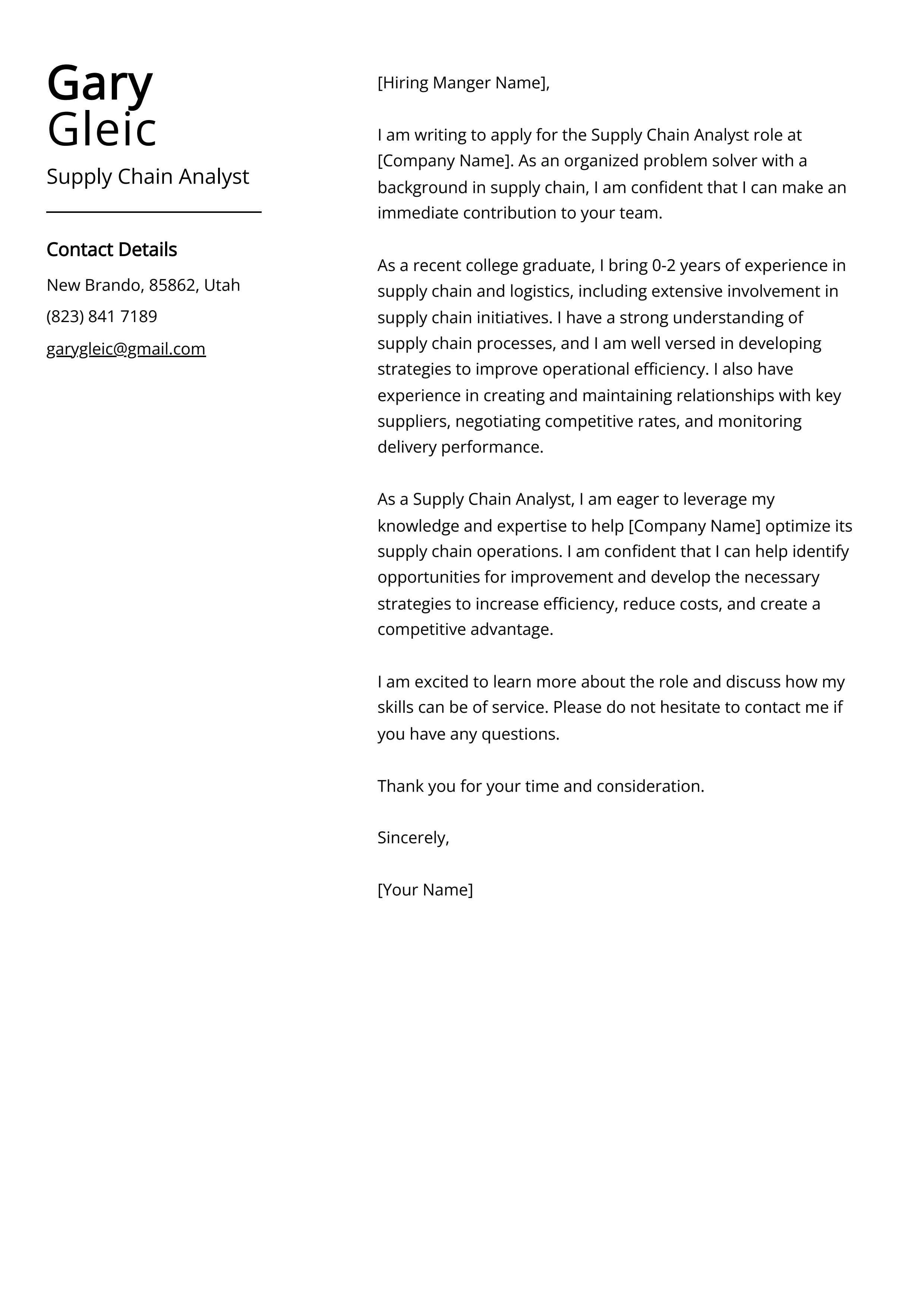 Supply Chain Analyst Cover Letter Example