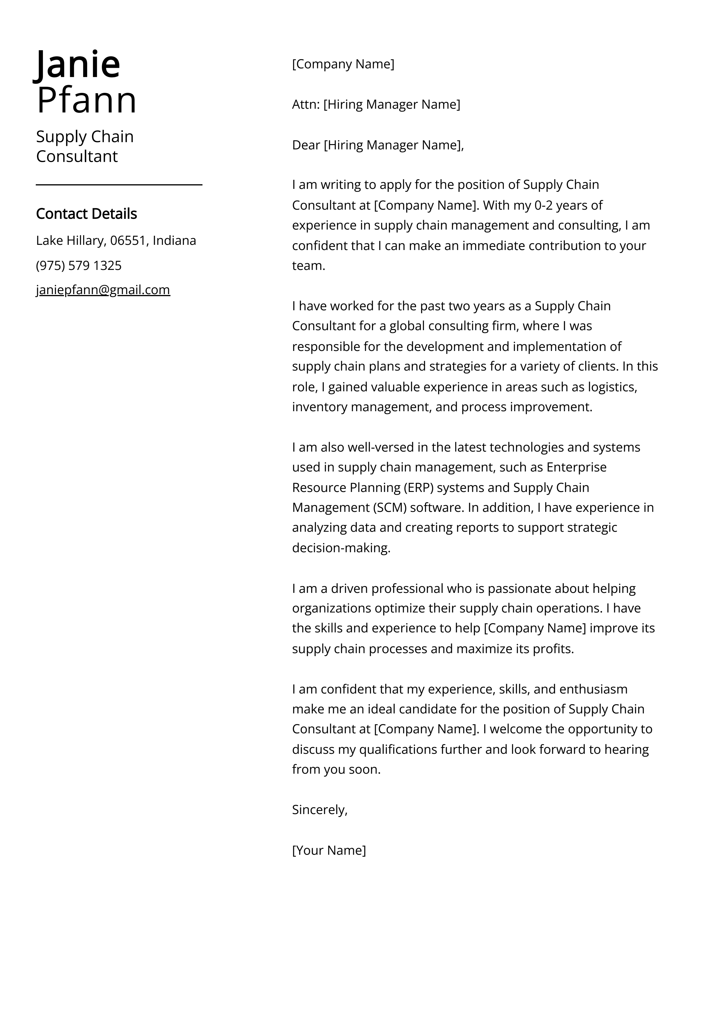 Supply Chain Consultant Cover Letter Example