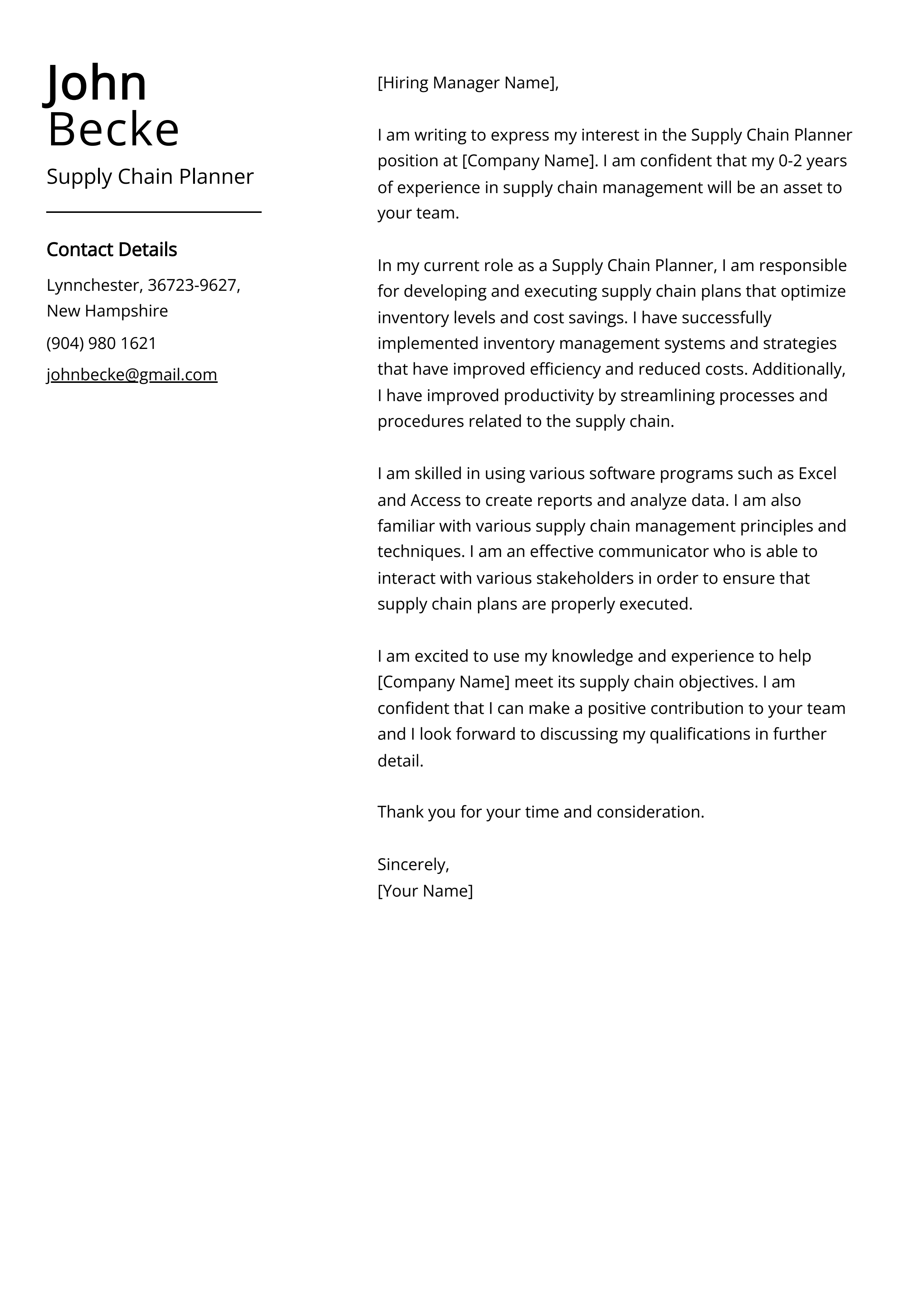 Supply Chain Planner Cover Letter Example