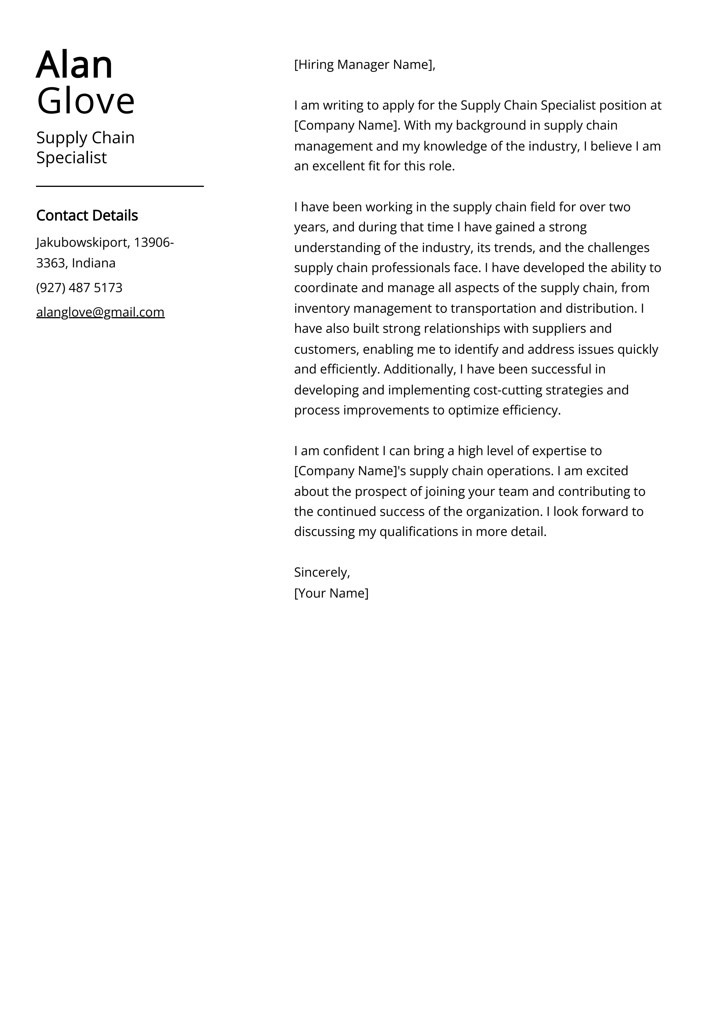 Supply Chain Specialist Cover Letter Example