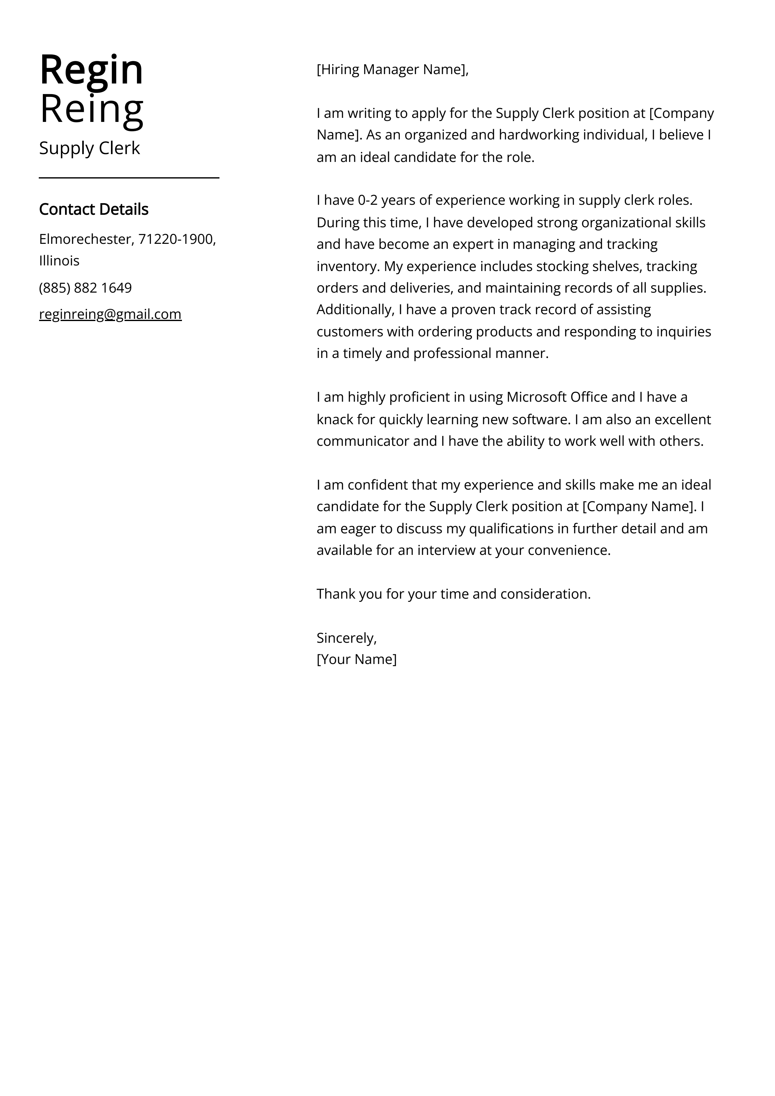 Supply Clerk Cover Letter Example