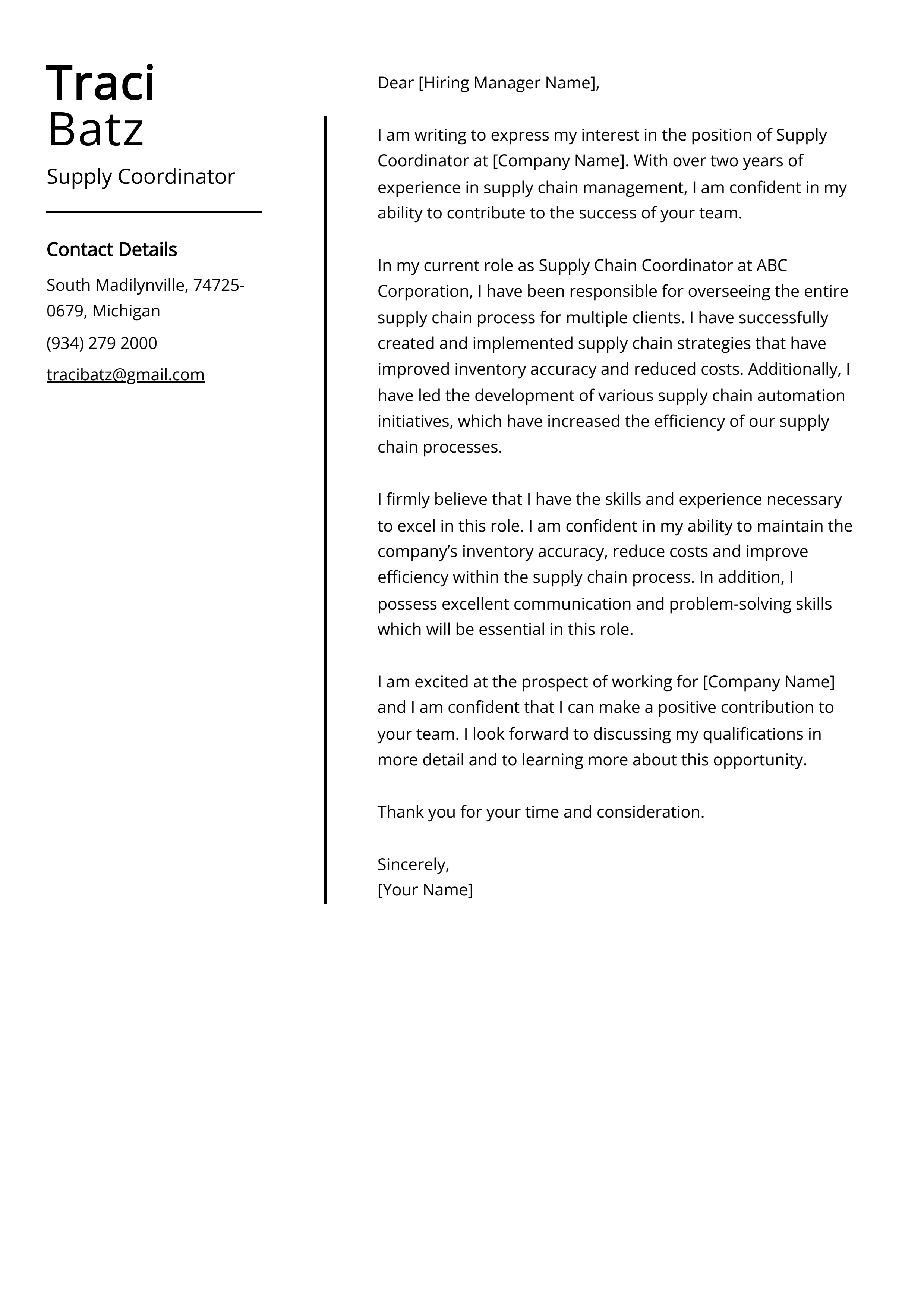 Supply Coordinator Cover Letter Example