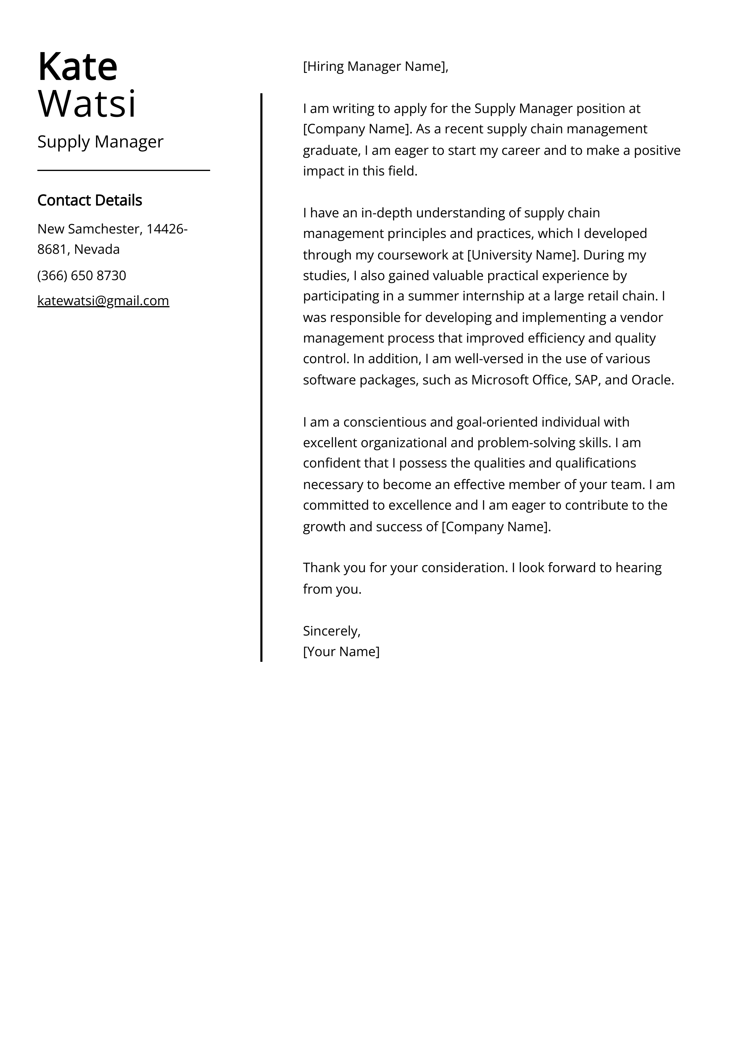 Supply Manager Cover Letter Example
