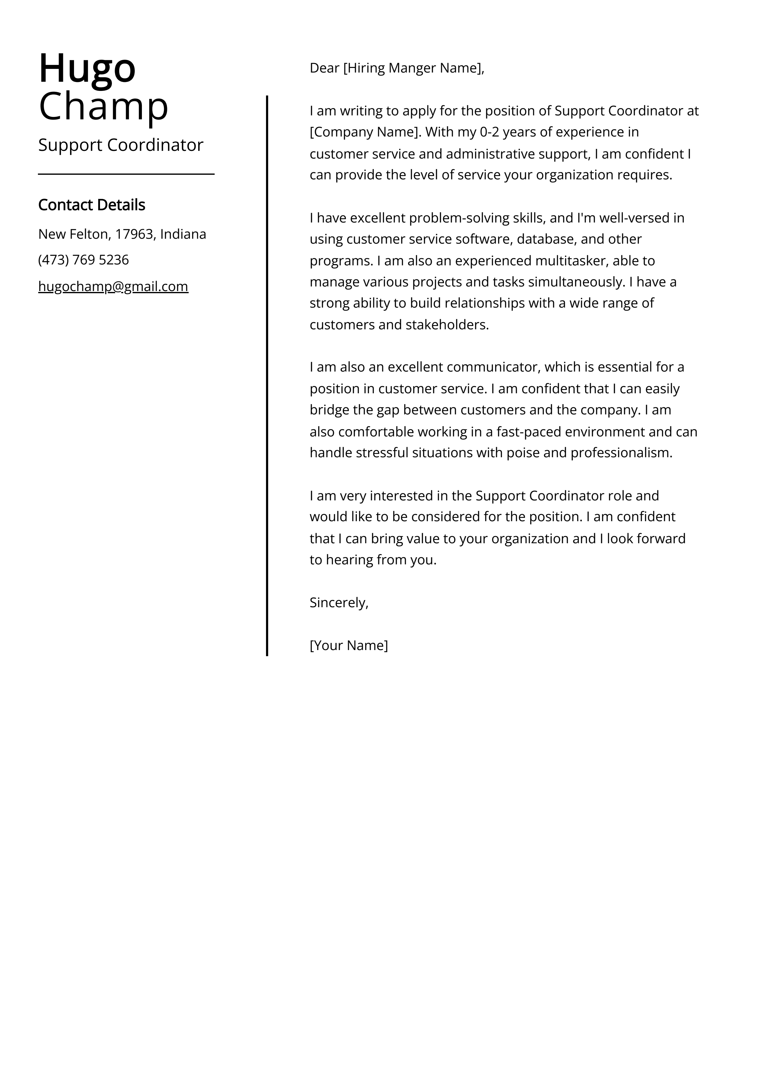 Support Coordinator Cover Letter Example