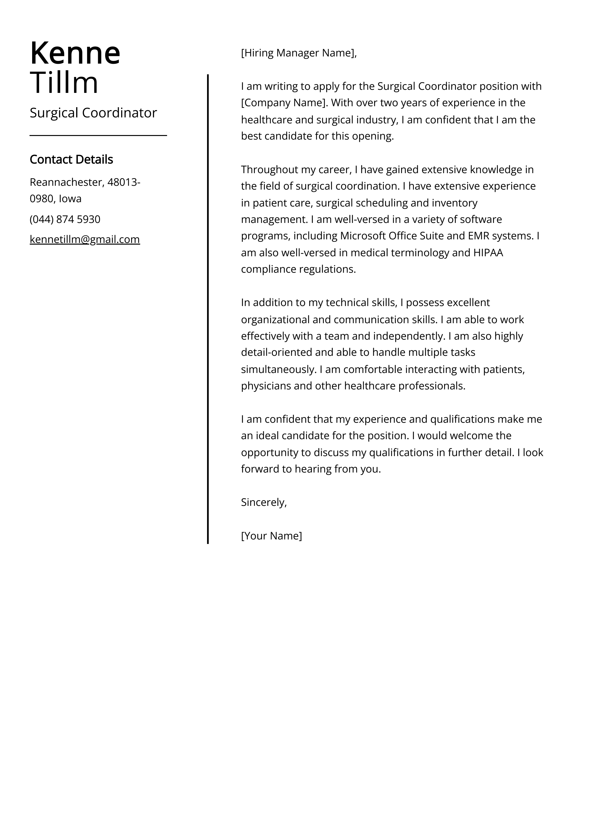 Surgical Coordinator Cover Letter Example