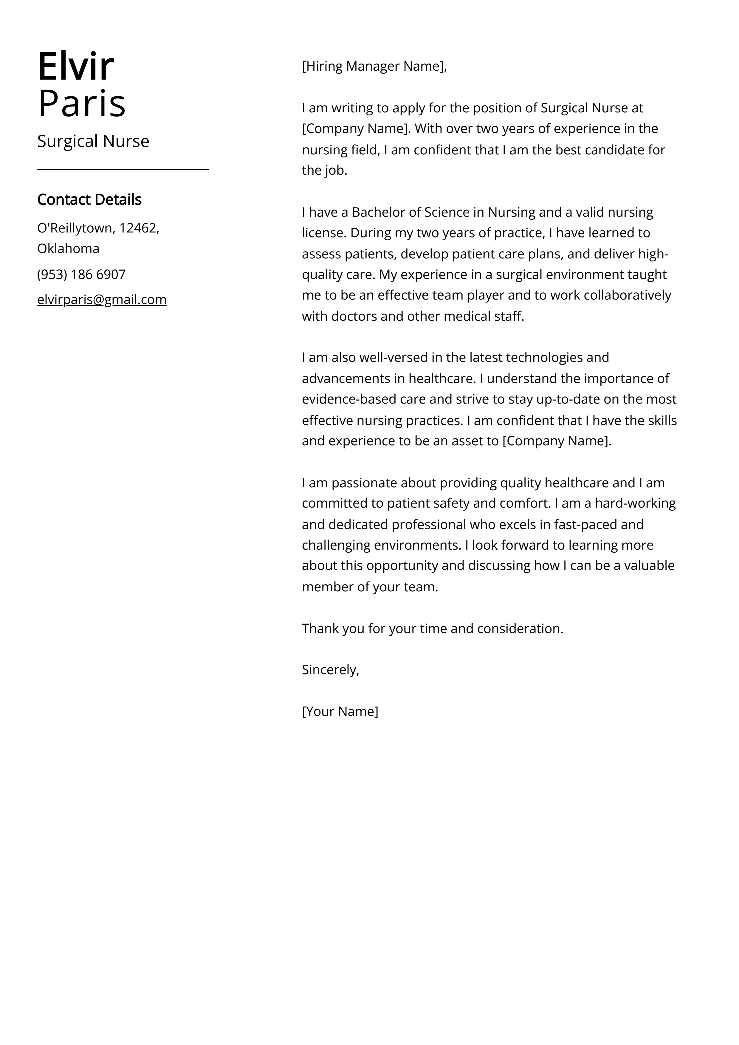 Surgical Nurse Cover Letter Example