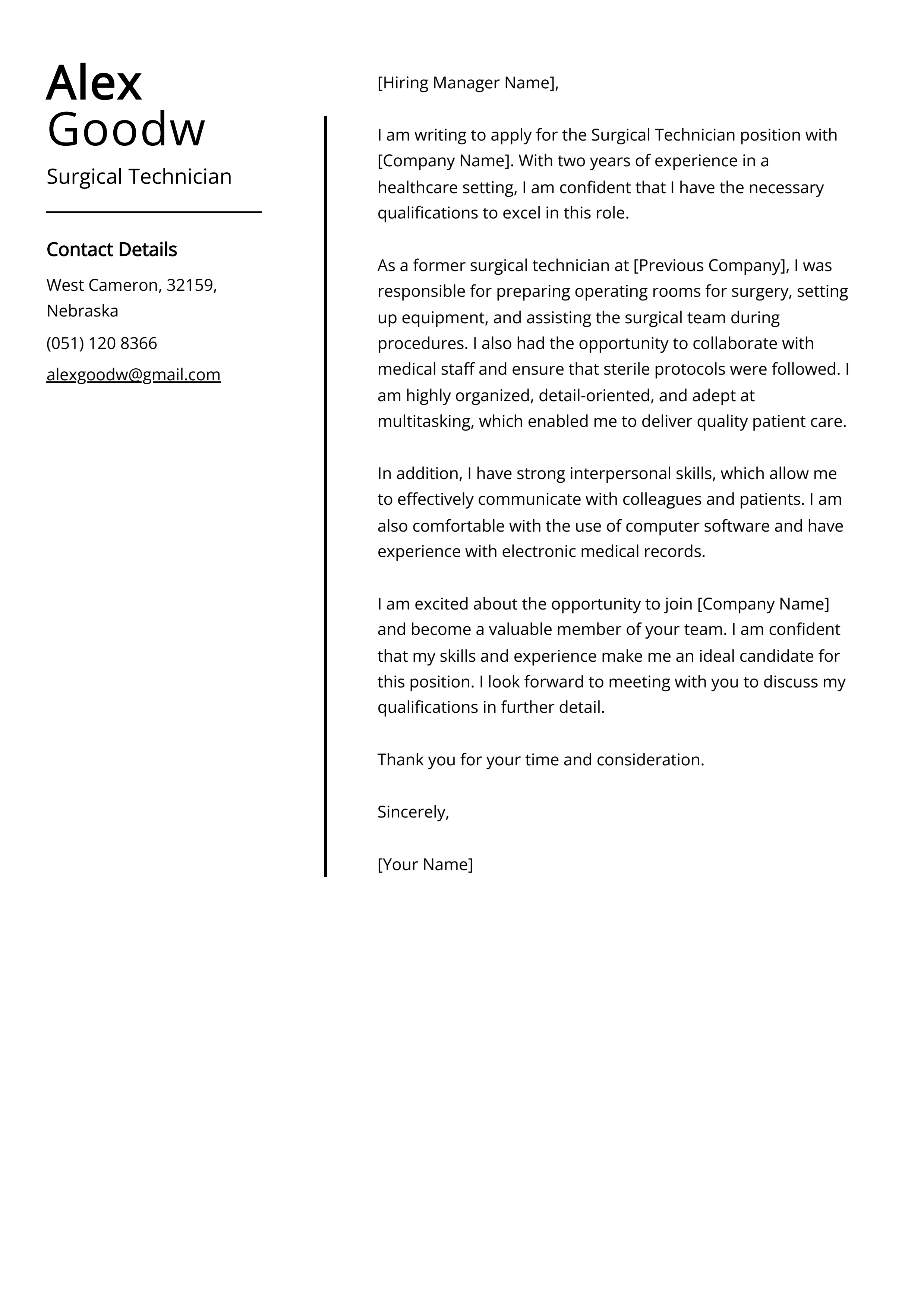 Surgical Technician Cover Letter Example