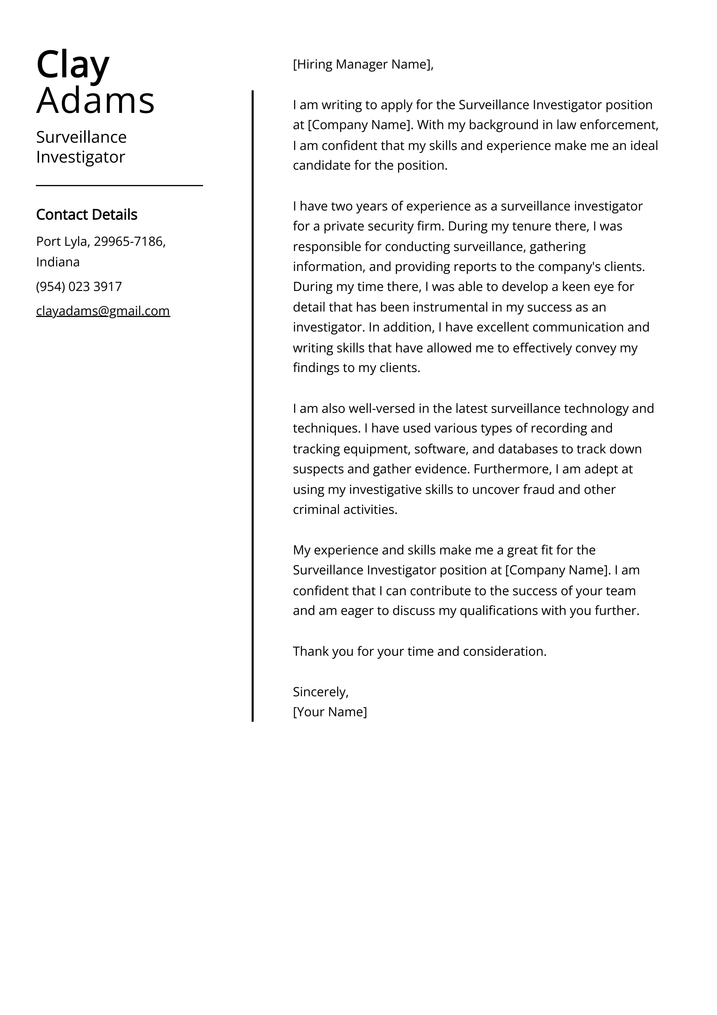 Surveillance Investigator Cover Letter Example